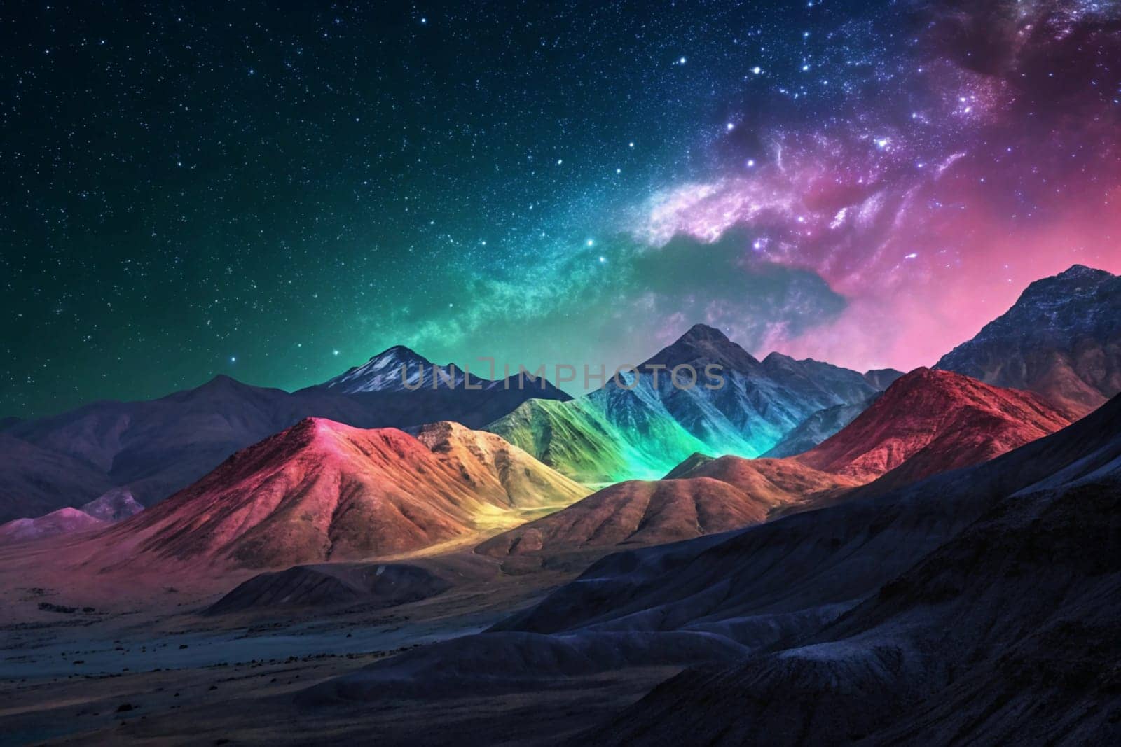 A stunning night sky scene with colorful mountains silhouetted against a vast, starry expanse. The Milky Way galaxy is visible in the sky. A high-quality photo.