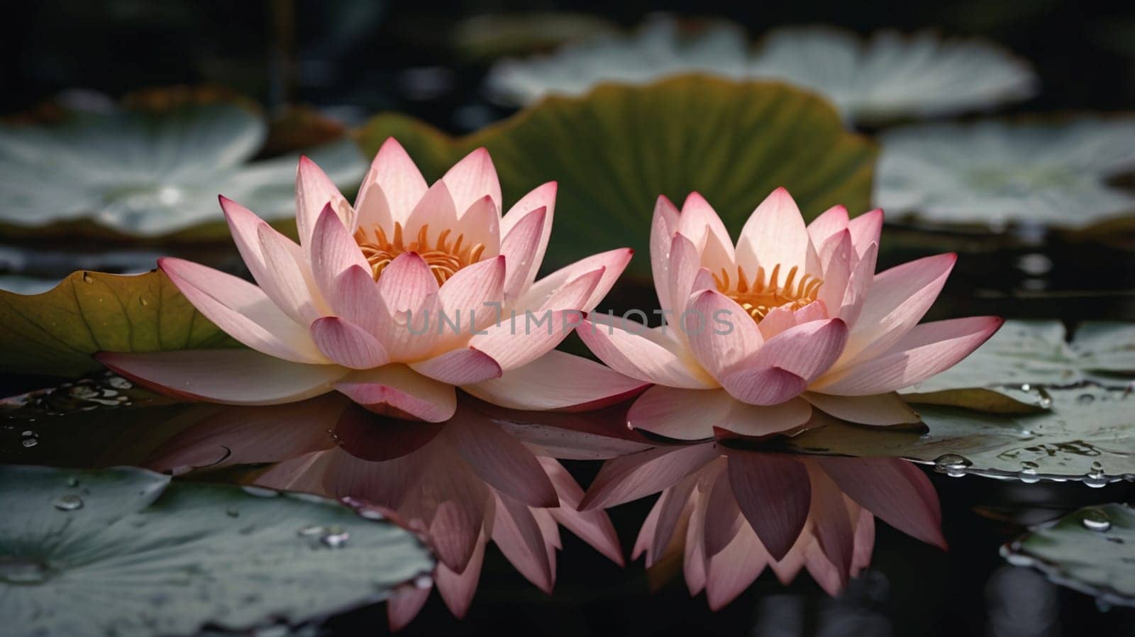 A close-up of two pink water lilies floating on a pond. The lilies are delicate and graceful, with their petals reflecting the light of the water. A high-quality photo.