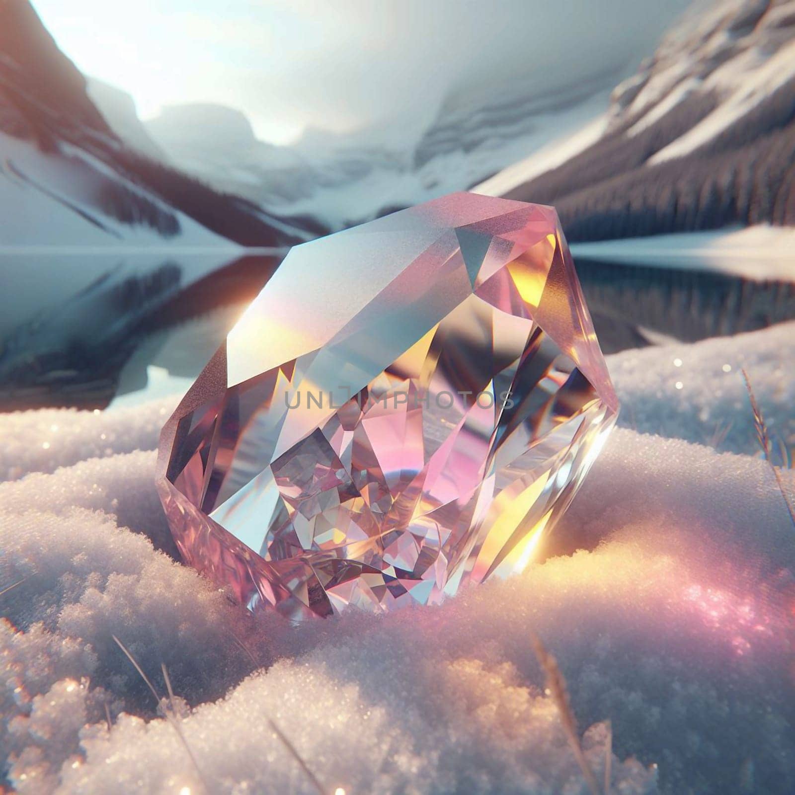 A large, sparkling diamond lies on a snow-covered landscape. The diamond catches the sunlight, creating a dazzling display of color and light. A high-quality photo.