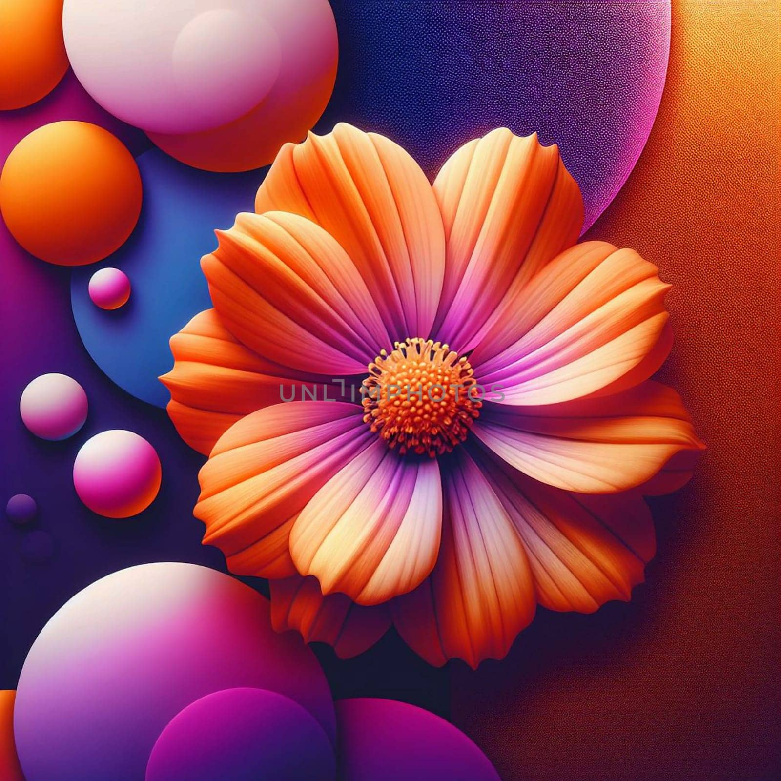 A close-up of a single, orange cosmos flower with a purple center, surrounded by colorful, abstract circles. The scene is vibrant and visually captivating. A high-quality photo.