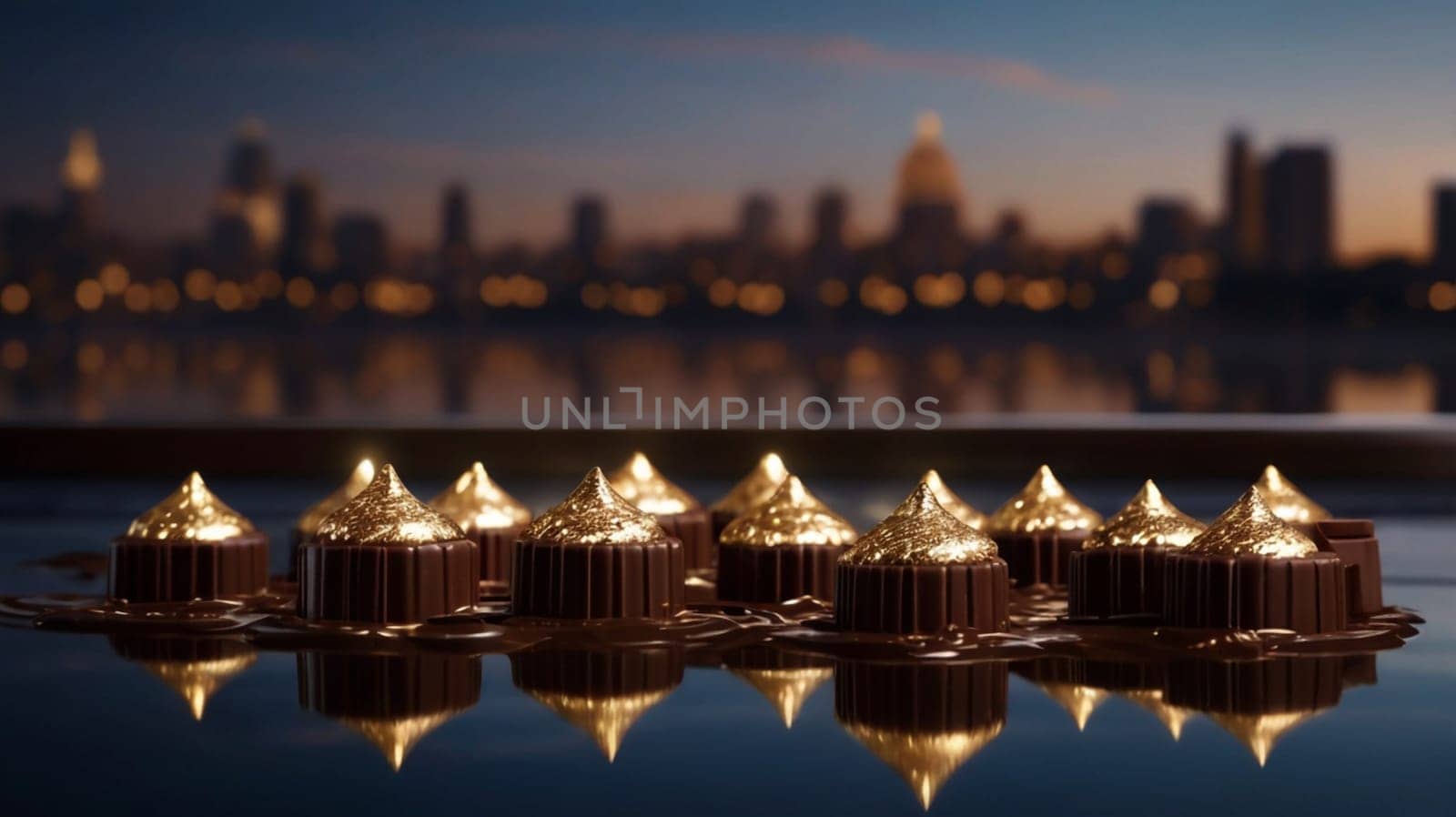 A still life of a row of chocolate truffles topped with gold leaf, resting on a dark surface with a city skyline in the background. A high-quality photo.