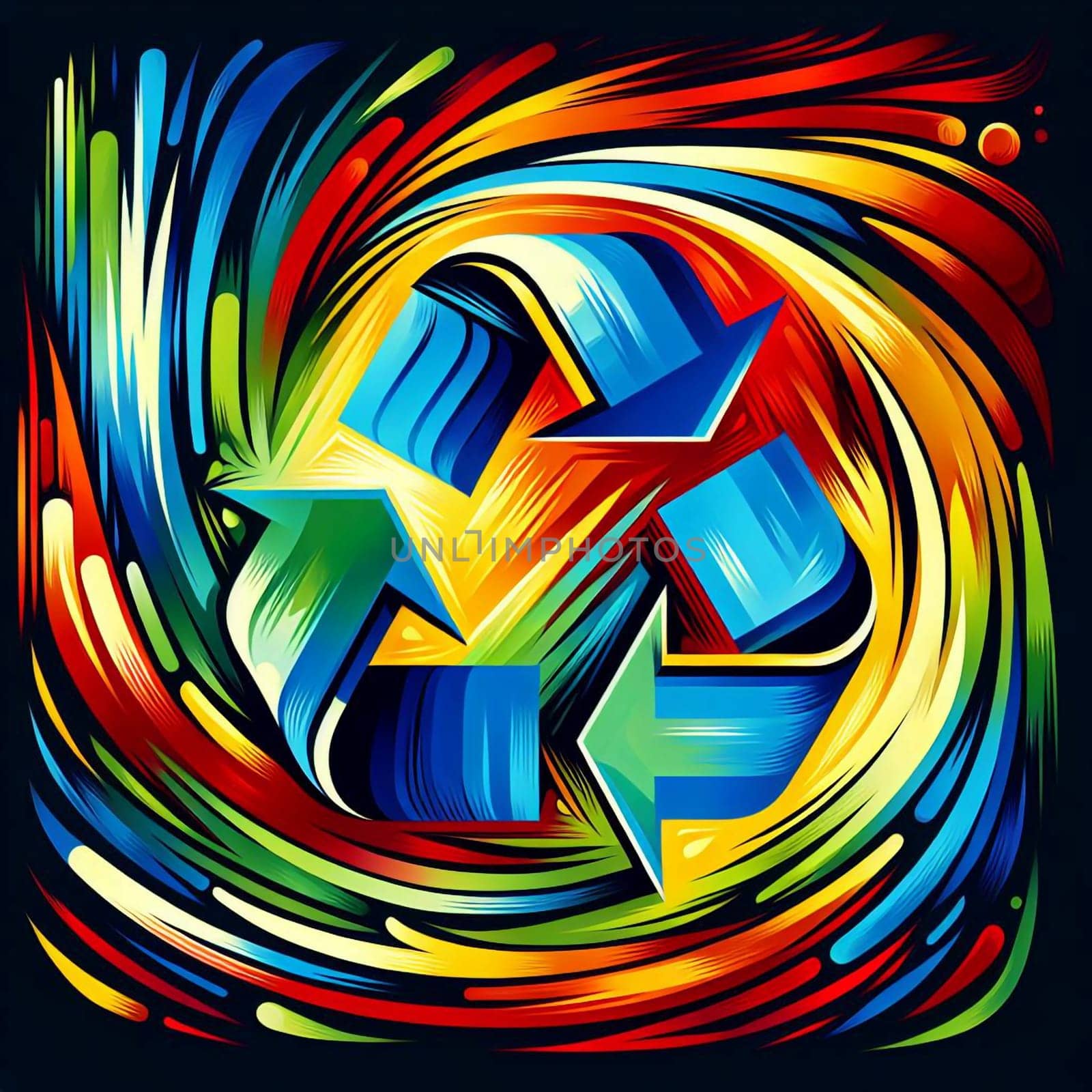 A colorful, abstract illustration of a recycling symbol. The symbol is surrounded by swirling, colorful lines and shapes, suggesting the concept of renewal and sustainability. A high-quality photo.