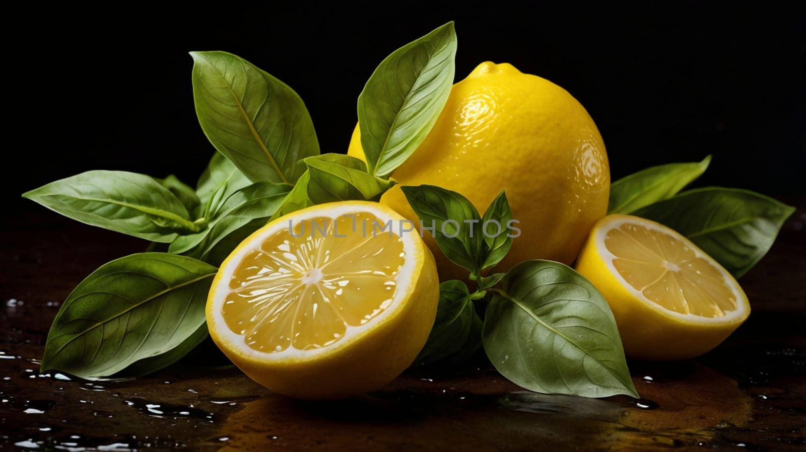 A still life featuring a whole lemon, a halved lemon, and basil leaves. The lemons are fresh and vibrant, with a glossy texture, and the leaves add a touch of green. A high-quality photo.