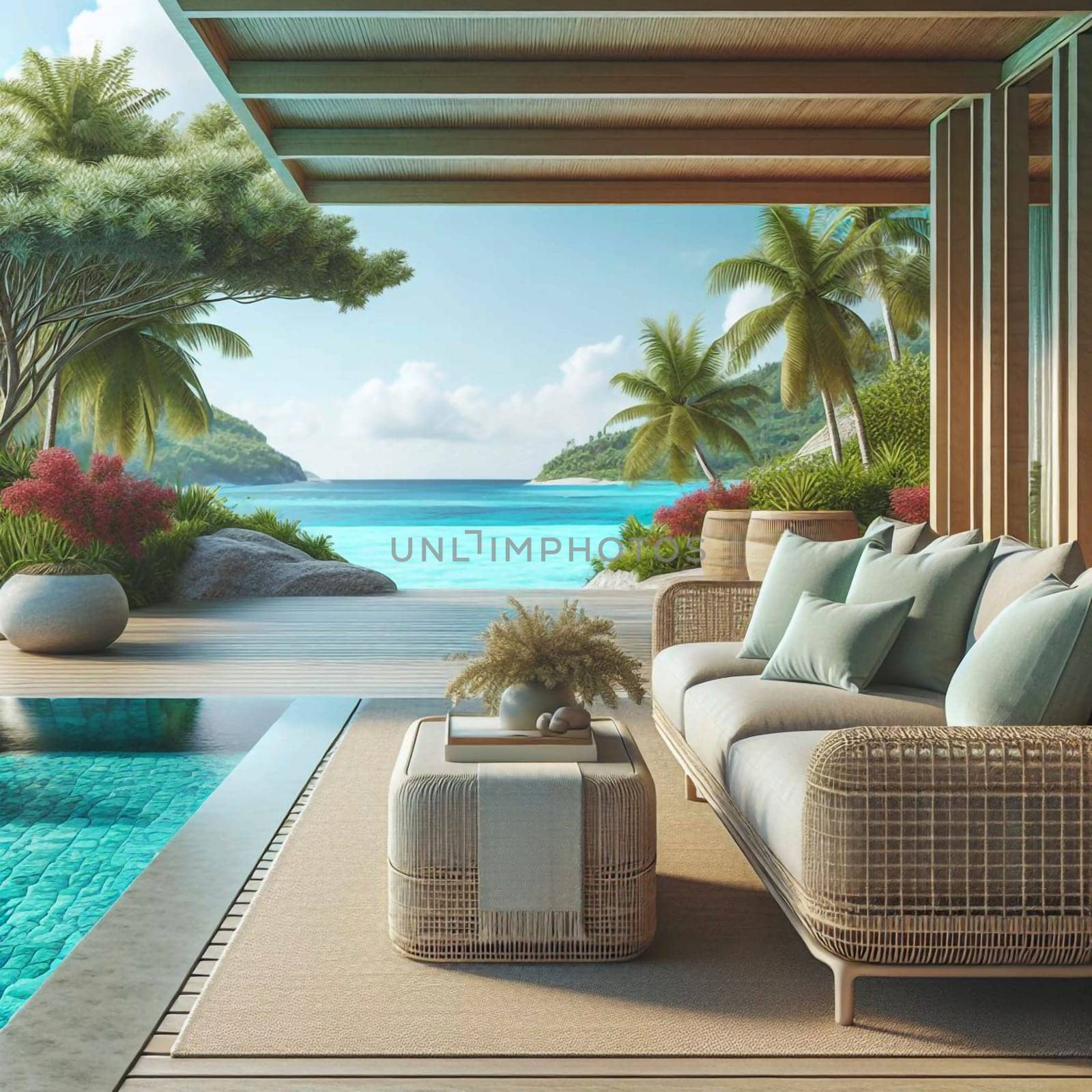 A tranquil scene of a modern, tropical villa with a patio overlooking a swimming pool and a stunning beach. The scene is serene and inviting, suggesting a luxurious escape. A high-quality photo.