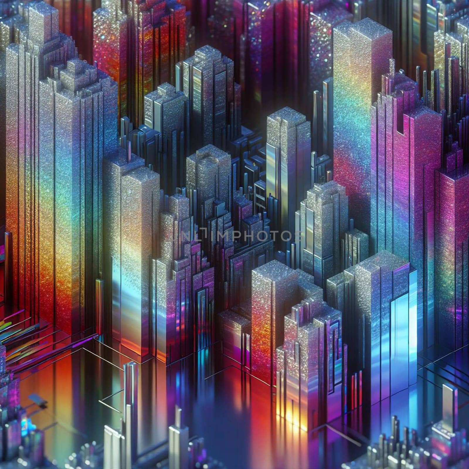 A geometric, abstract image depicting a cityscape made of metallic, iridescent blocks. The blocks are arranged in a grid pattern, creating a futuristic and dynamic effect. A high-quality photo.