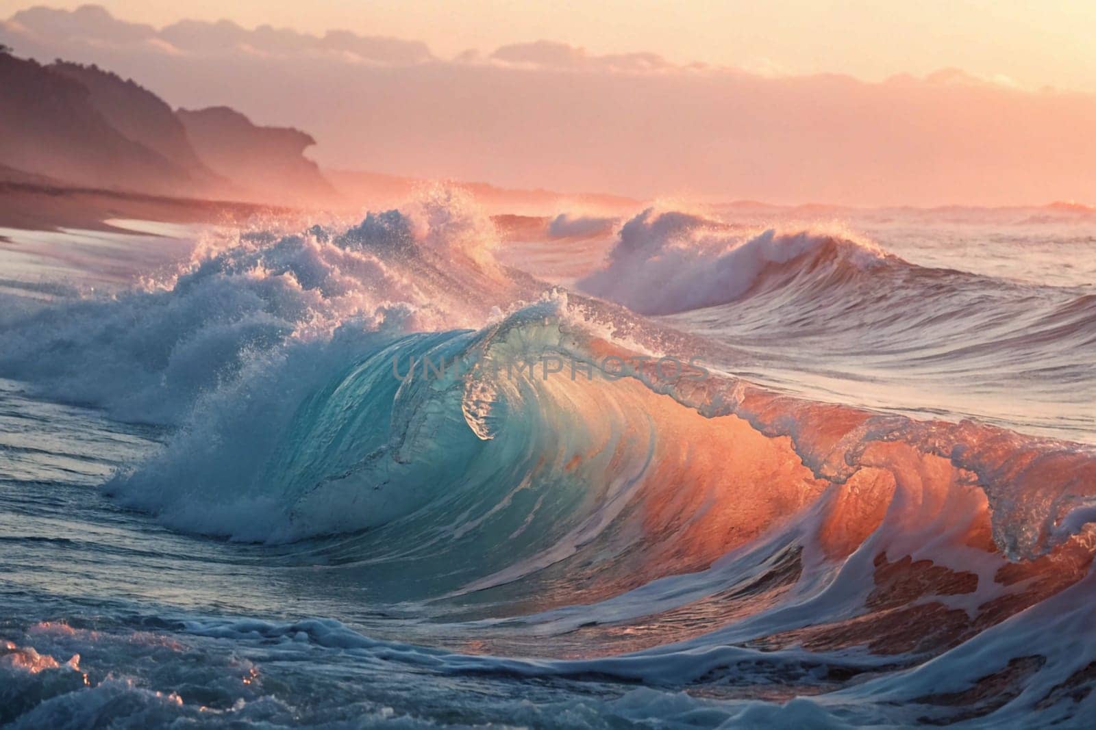 A stunning photograph of a large ocean wave crashing against the shore at sunset. The wave is turquoise blue, with a golden glow from the setting sun. A high-quality photo.