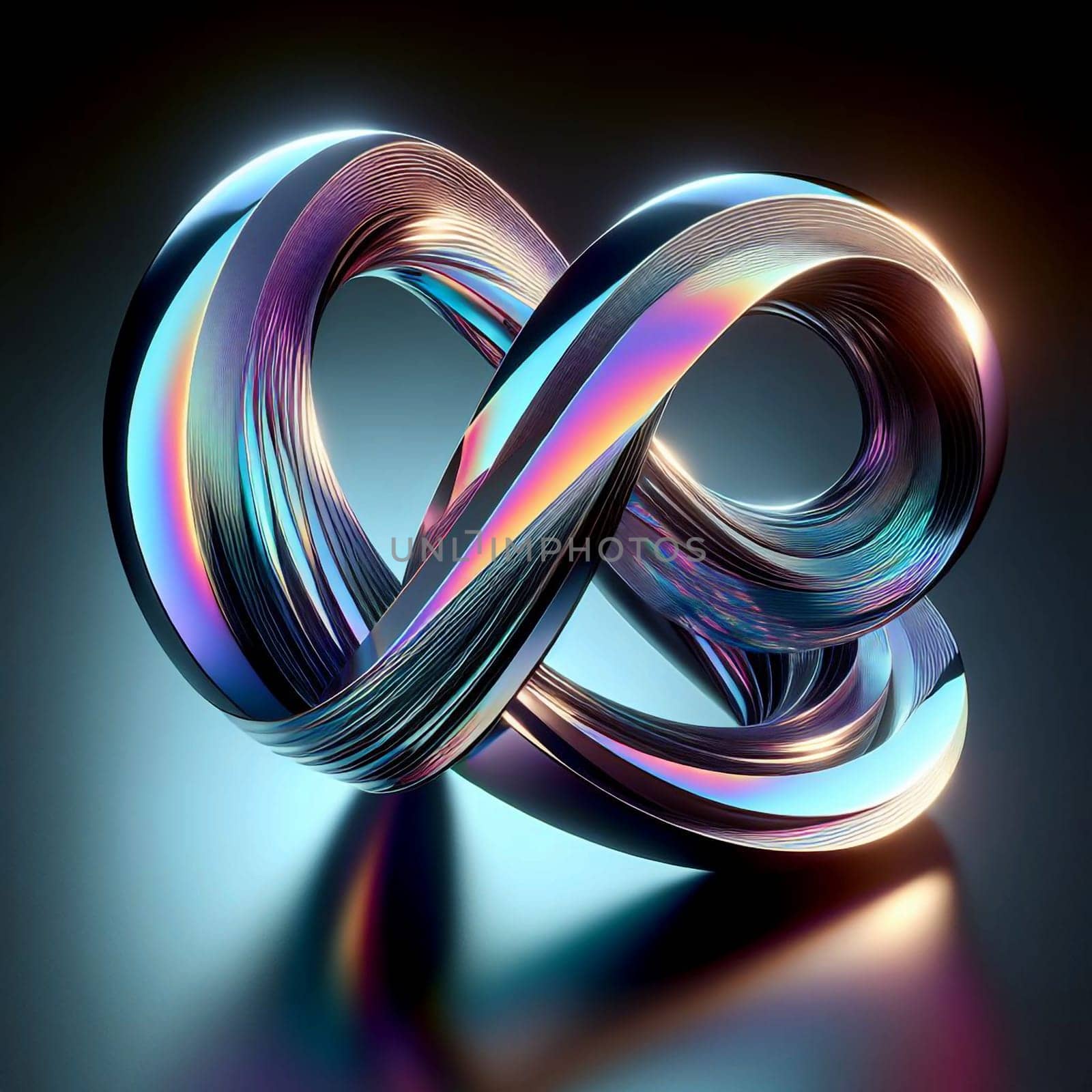 A 3D render of an abstract, iridescent infinity symbol. The symbol is composed of multiple, intertwined loops, creating a complex and intricate structure. A high-quality photo.
