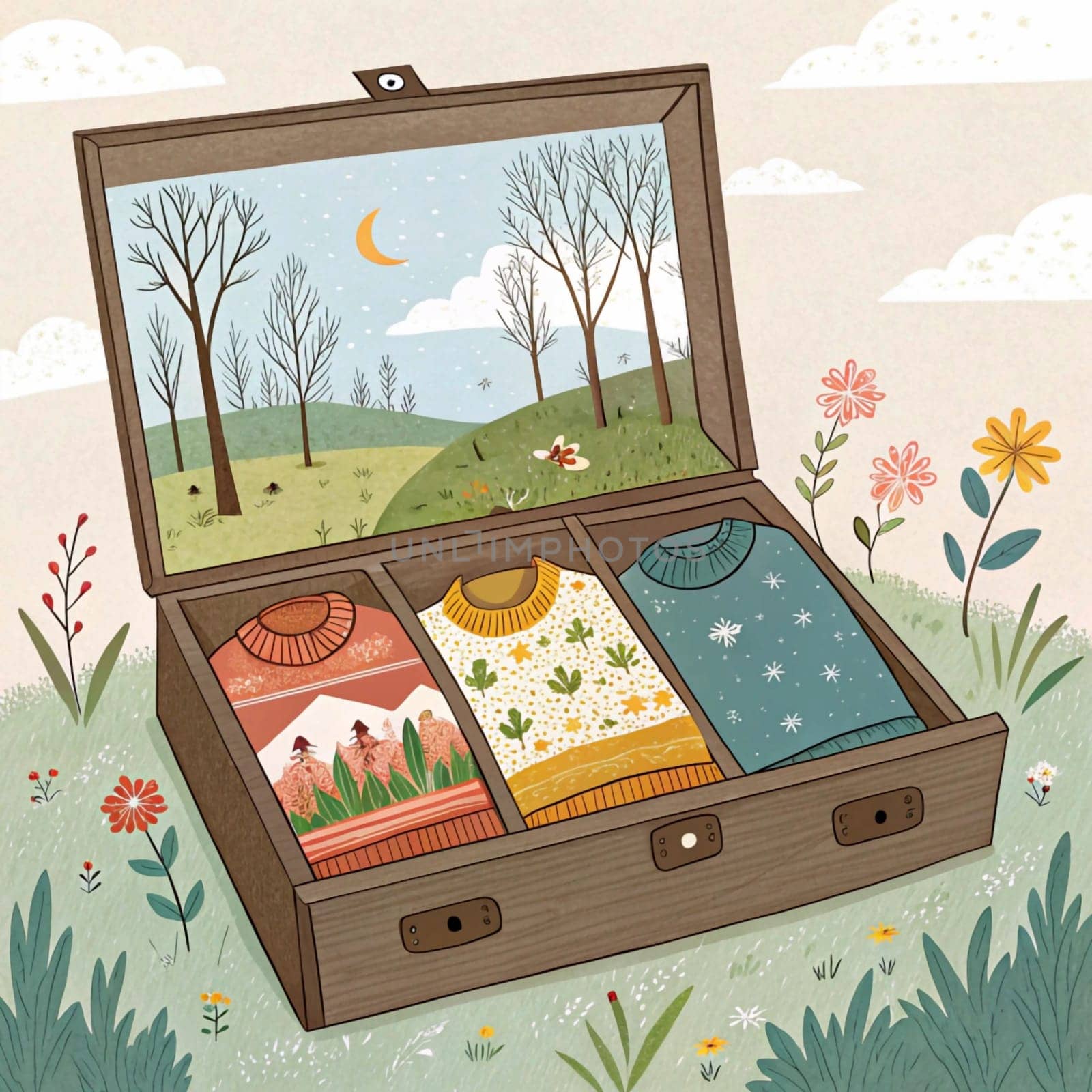A whimsical illustration of a wooden box with three sweaters inside, representing the changing seasons. The box is surrounded by flowers and a night sky with a crescent moon. A high-quality photo.
