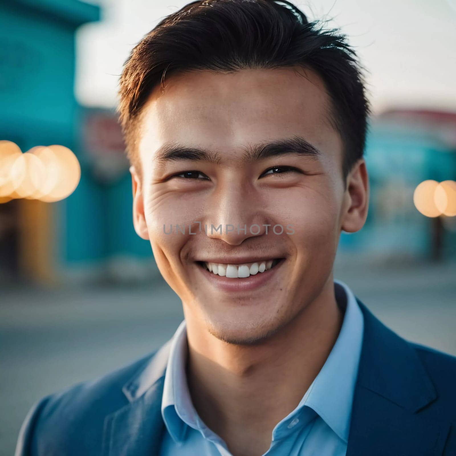 A young man 25 years old with a bright smile stands outdoors, surrounded by lively activity. A resident of Kazakhstan, cute man of 25 years old. A grown man, confident in his abilities. AI generated.