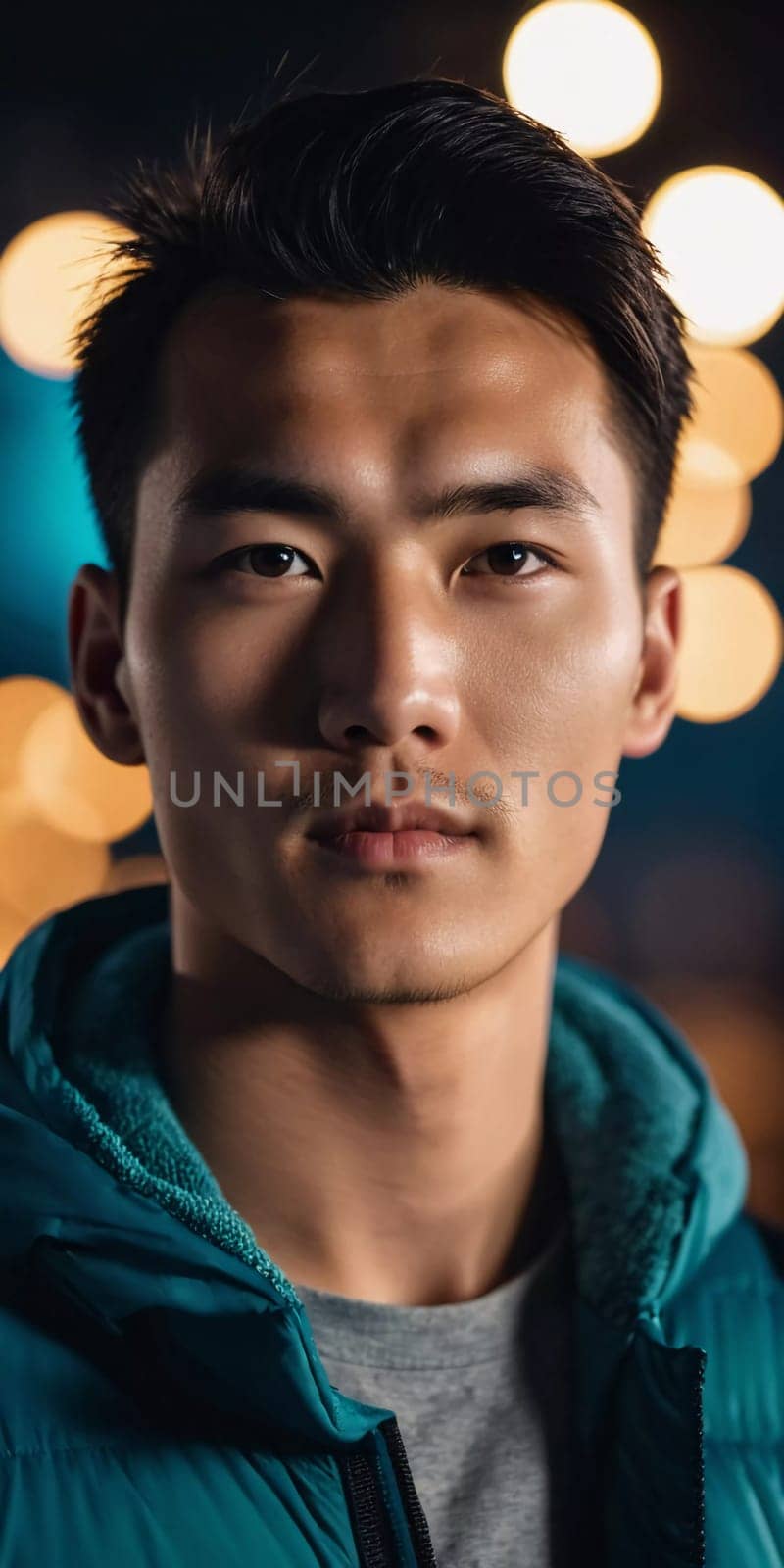 A young man with a confident expression poses against a backdrop of colorful lights at night in urban setting. A resident of Kazakhstan, a cute man of 25 years old. Student or applicant. AI generated.