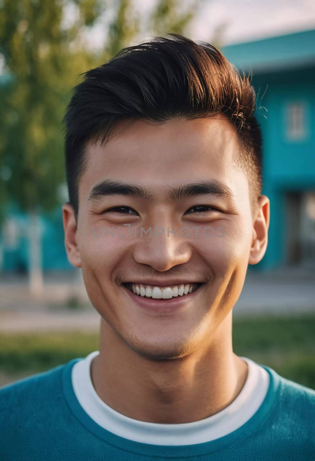 A young man 25 years old with a bright smile stands outdoors, surrounded by lively activity. A resident of Kazakhstan, cute man of 25 years old. A grown man, confident in his abilities. AI generated.