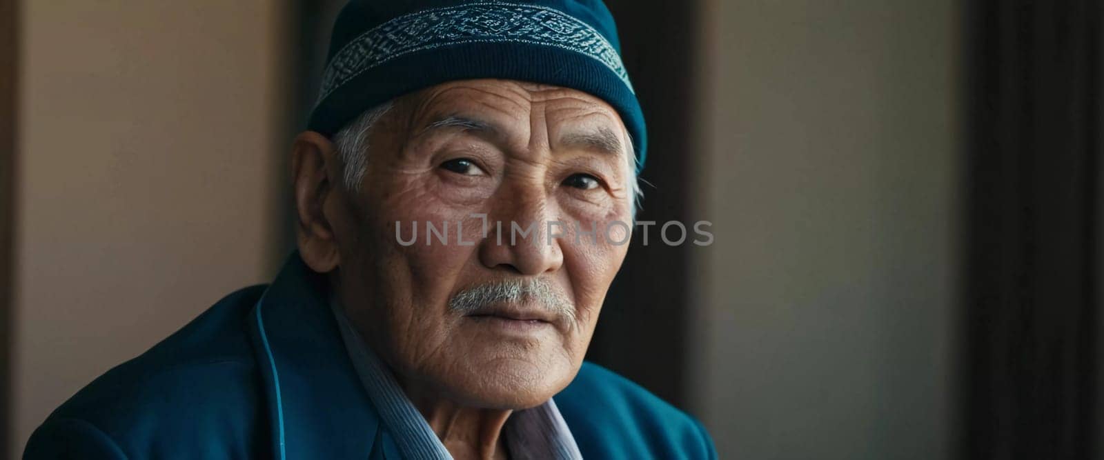 An older gentleman 75 years old gazes warmly at the camera, showcasing the lines of a life well-lived. He is dressed in a cap and coat, set against a blurred background during the day. Generative AI.