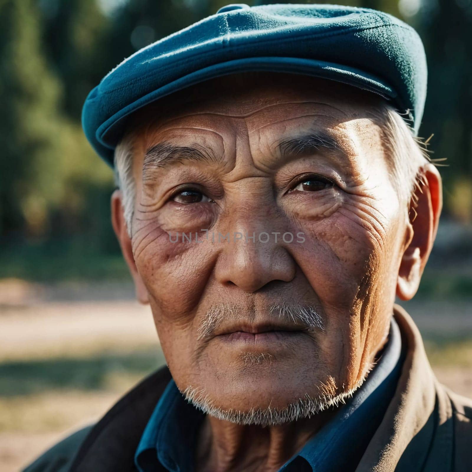 An older gentleman 75 years old gazes warmly at the camera, showcasing the lines of a life well-lived. He is dressed in a cap and coat, set against a blurred background during the day. Generative AI.