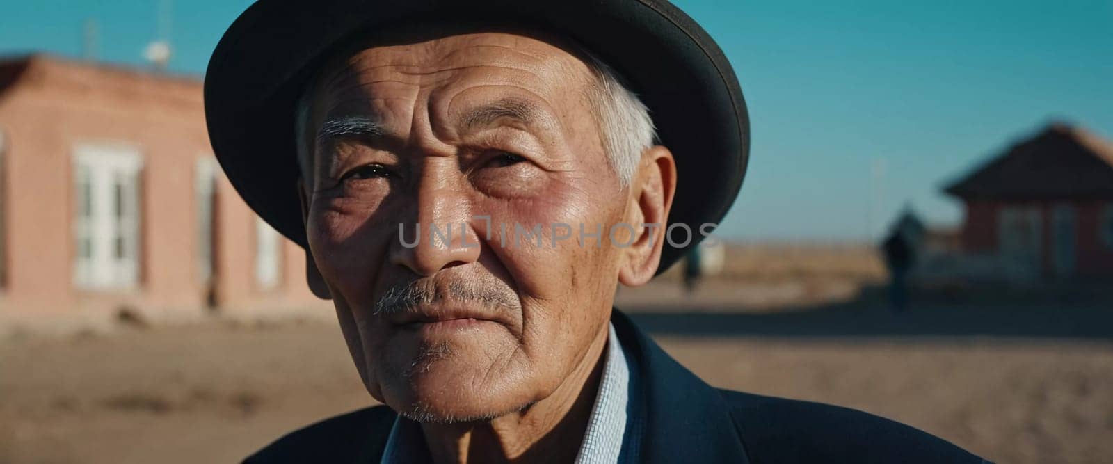 An older gentleman 75 years old gazes warmly at the camera, showcasing the lines of a life well-lived. He is dressed in a cap and coat, set against a blurred background during the day. Generative AI.