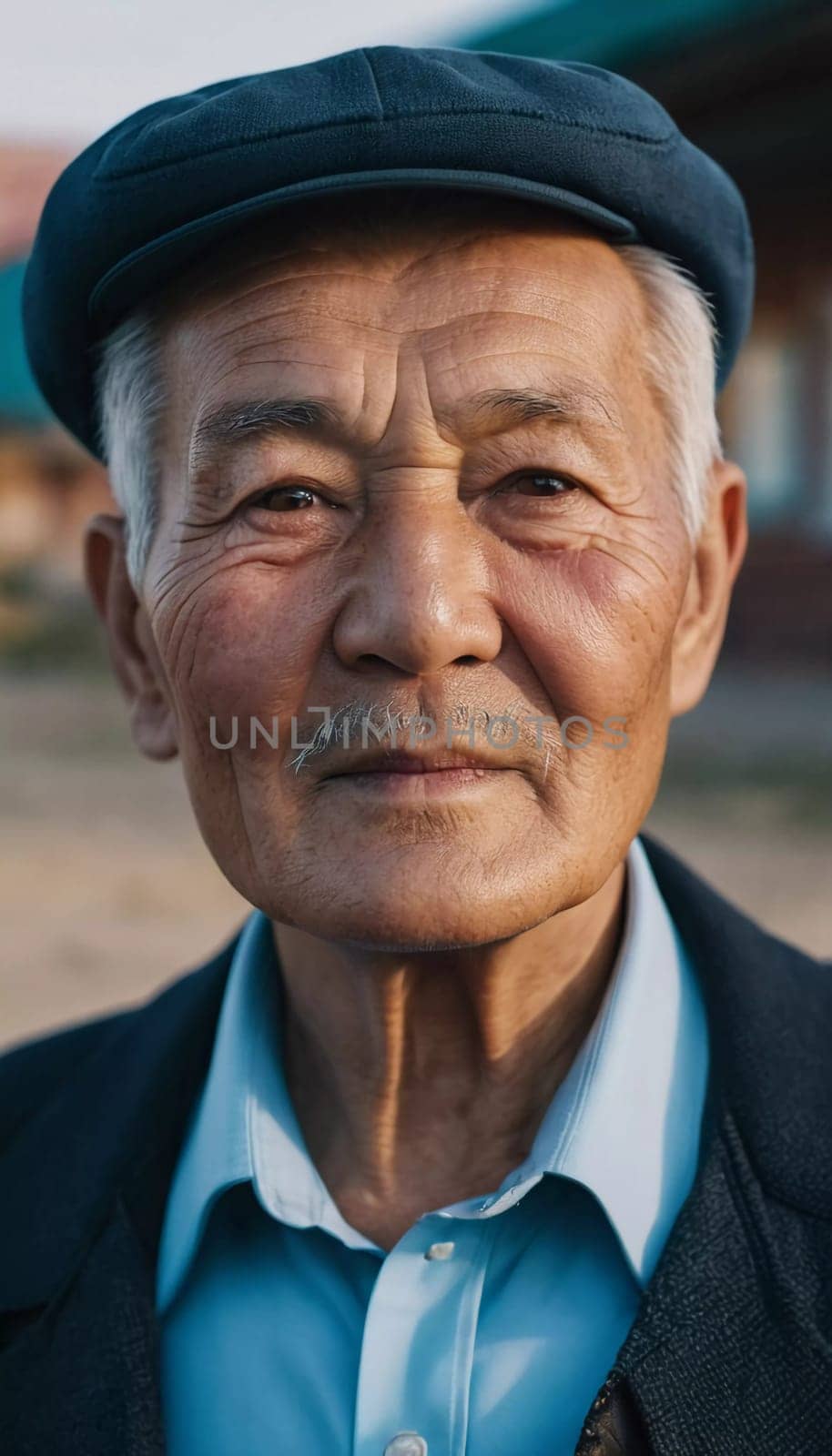 An older gentleman 75 years old gazes warmly at the camera, showcasing the lines of a life well-lived. He is dressed in a cap and coat, set against a blurred background during the day. Generative AI.