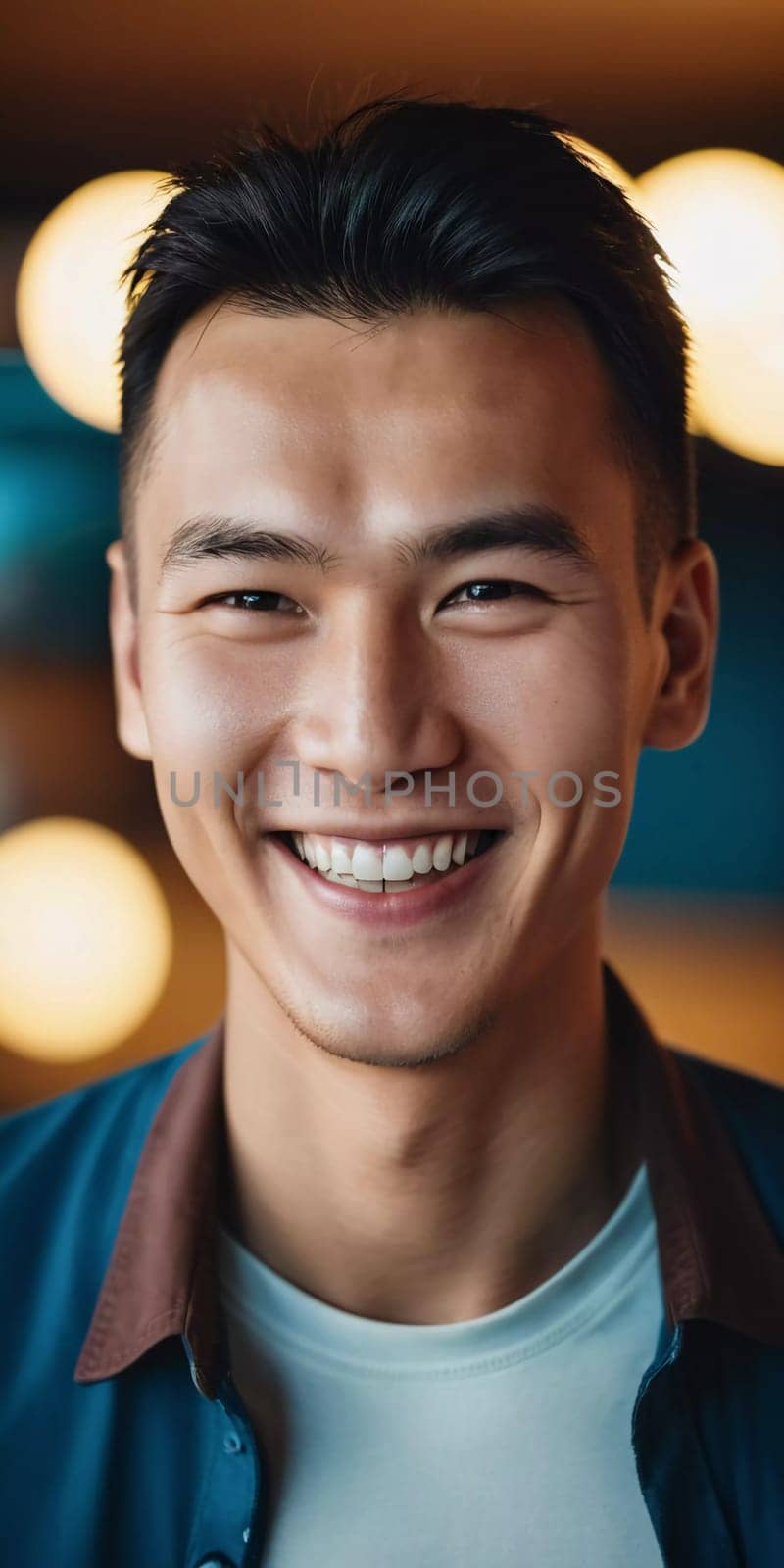 A young man 25 years old with a bright smile stands outdoors, surrounded by lively activity. A resident of Kazakhstan, cute man of 25 years old. A grown man, confident in his abilities. AI generated.