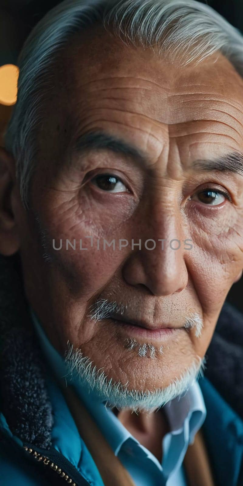 An older gentleman 75 years old gazes warmly at the camera, showcasing the lines of a life well-lived. He is dressed in a cap and coat, set against a blurred background during the day. Generative AI.
