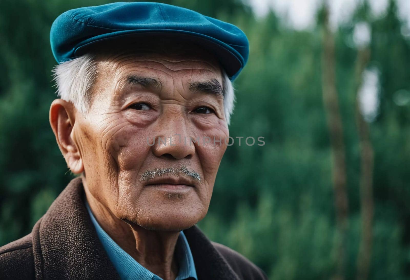 An older gentleman 75 years old gazes warmly at the camera, showcasing the lines of a life well-lived. He is dressed in a cap and coat, set against a blurred background during the day. Generative AI.