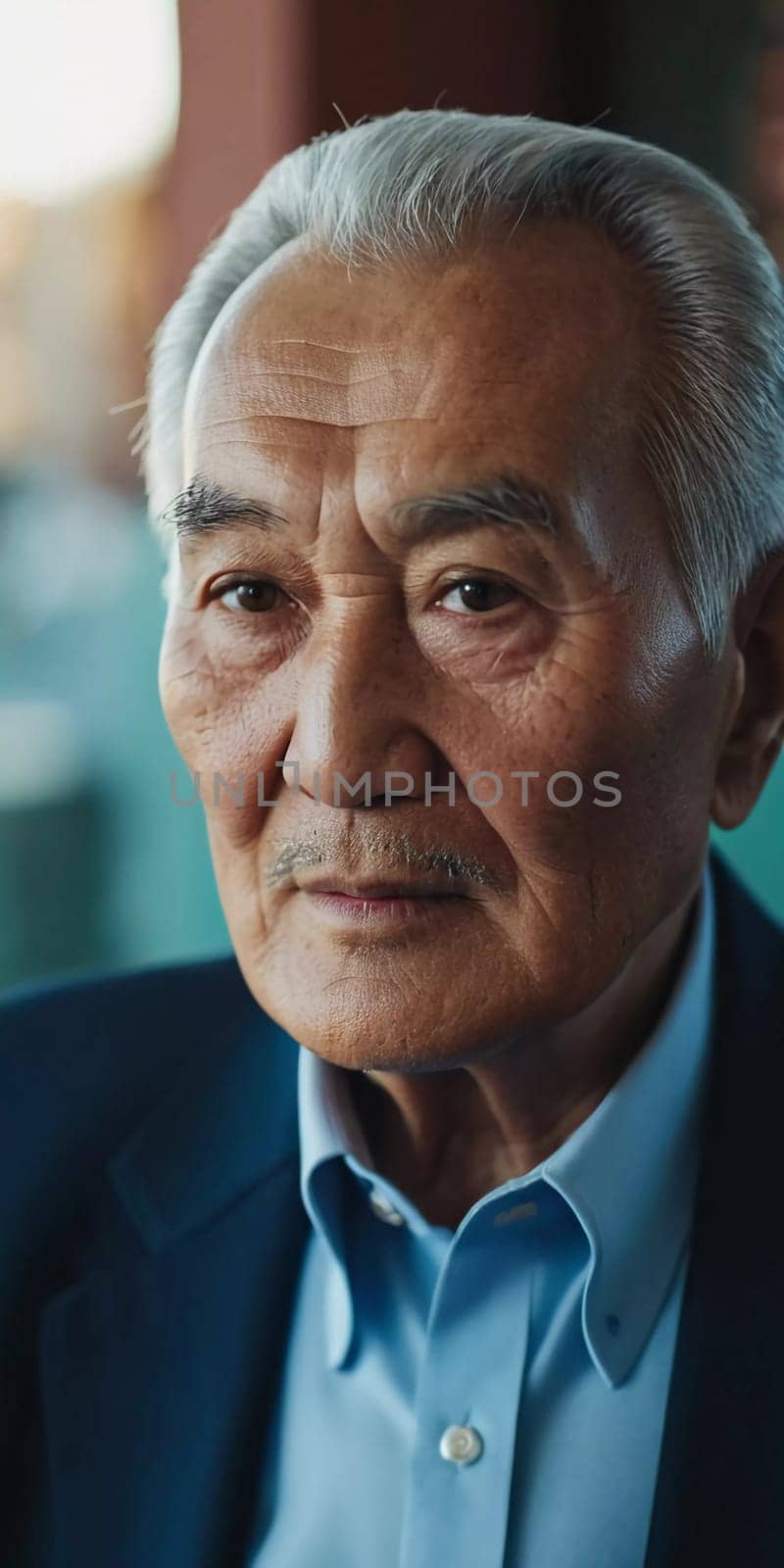An older gentleman 75 years old gazes warmly at the camera, showcasing the lines of a life well-lived. He is dressed in a cap and coat, set against a blurred background during the day. Generative AI.