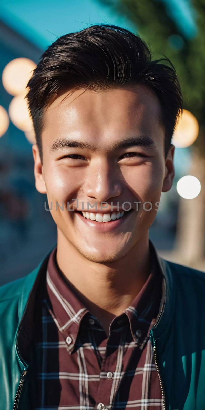 A young man 25 years old with a bright smile stands outdoors, surrounded by lively activity. A resident of Kazakhstan, cute man of 25 years old. A grown man, confident in his abilities. AI generated.