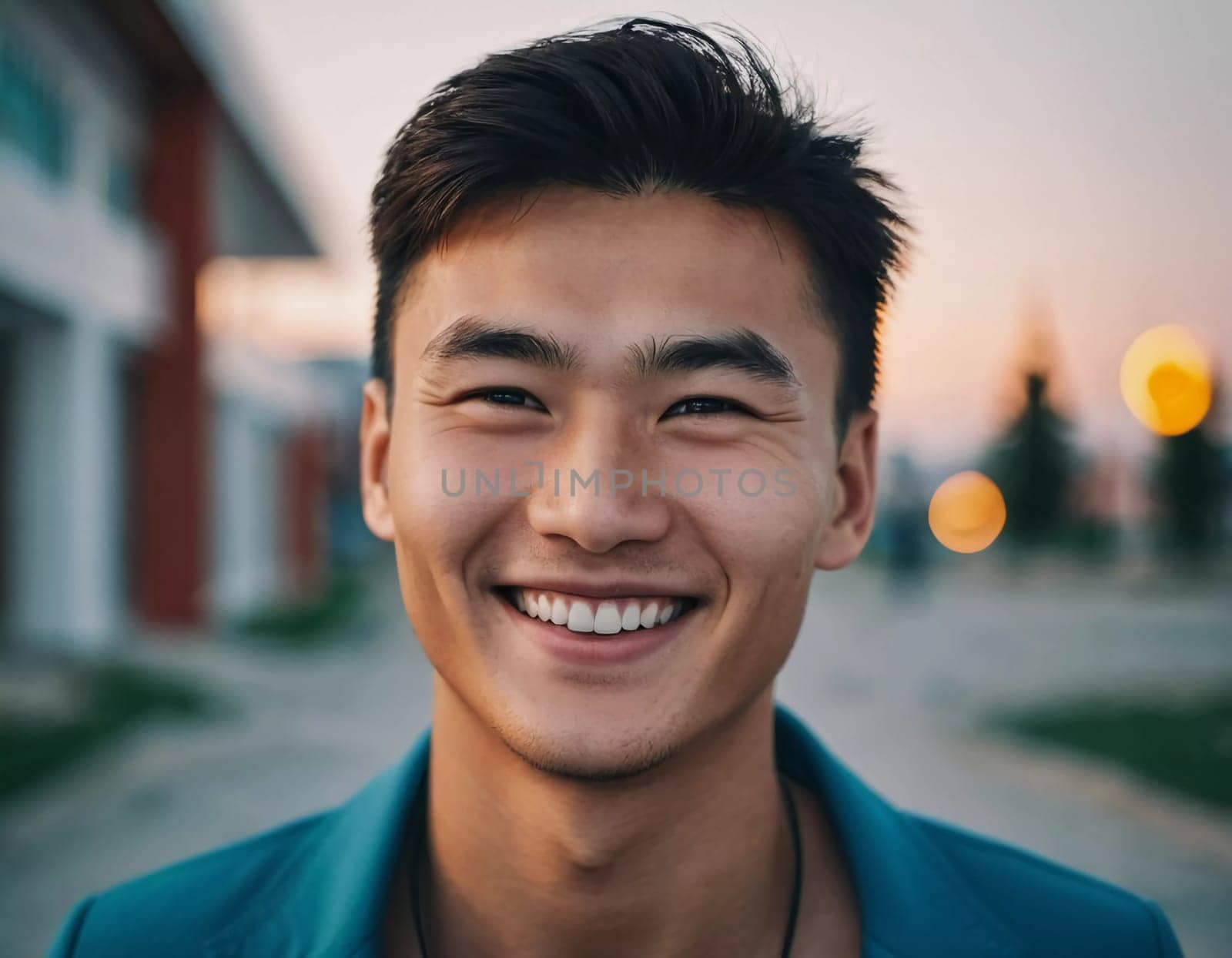 A young man 25 years old with a bright smile stands outdoors, surrounded by lively activity. A resident of Kazakhstan, cute man of 25 years old. A grown man, confident in his abilities. AI generated.
