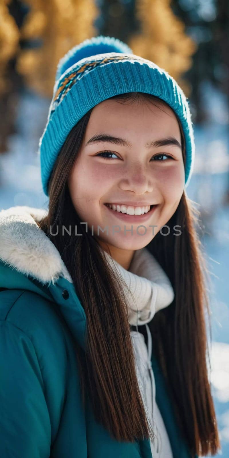 A cheerful young girl with long hair is smiling warmly, showcasing her happiness. Portrait of a pretty cheerful brunette girl, 15 years old, resident of Kazakhstan. Generative AI.