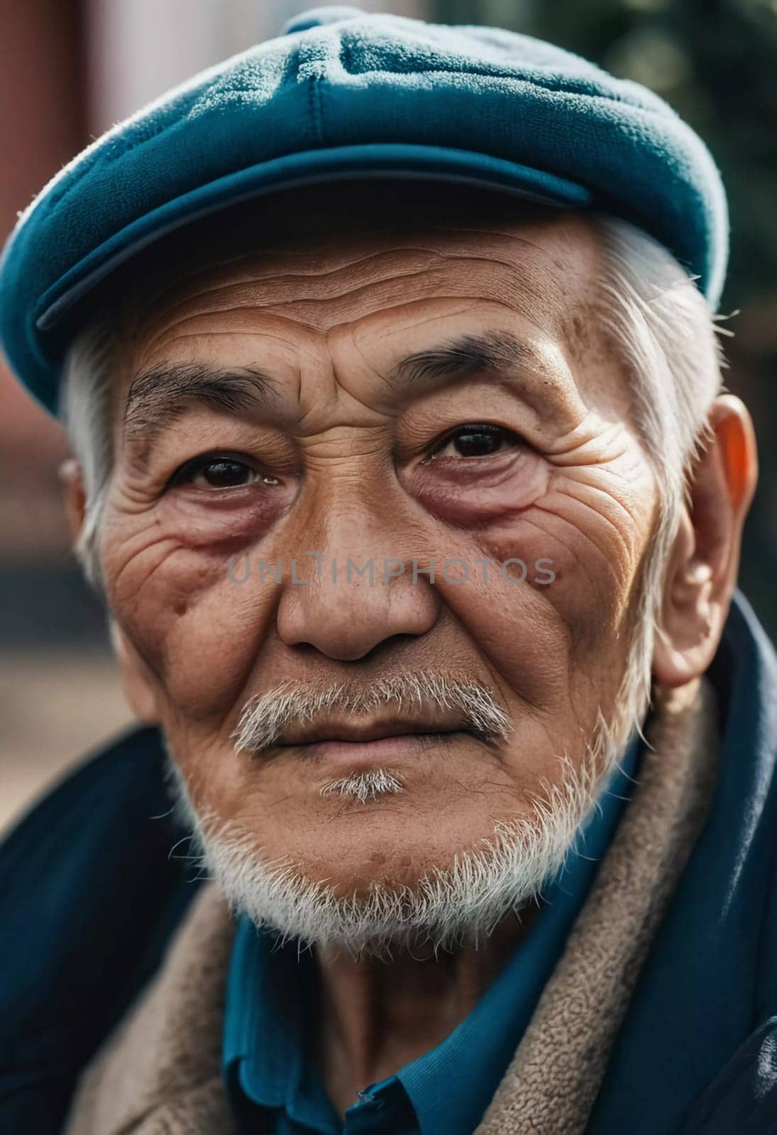 An older gentleman 75 years old gazes warmly at the camera, showcasing the lines of a life well-lived. He is dressed in a cap and coat, set against a blurred background during the day. Generative AI.