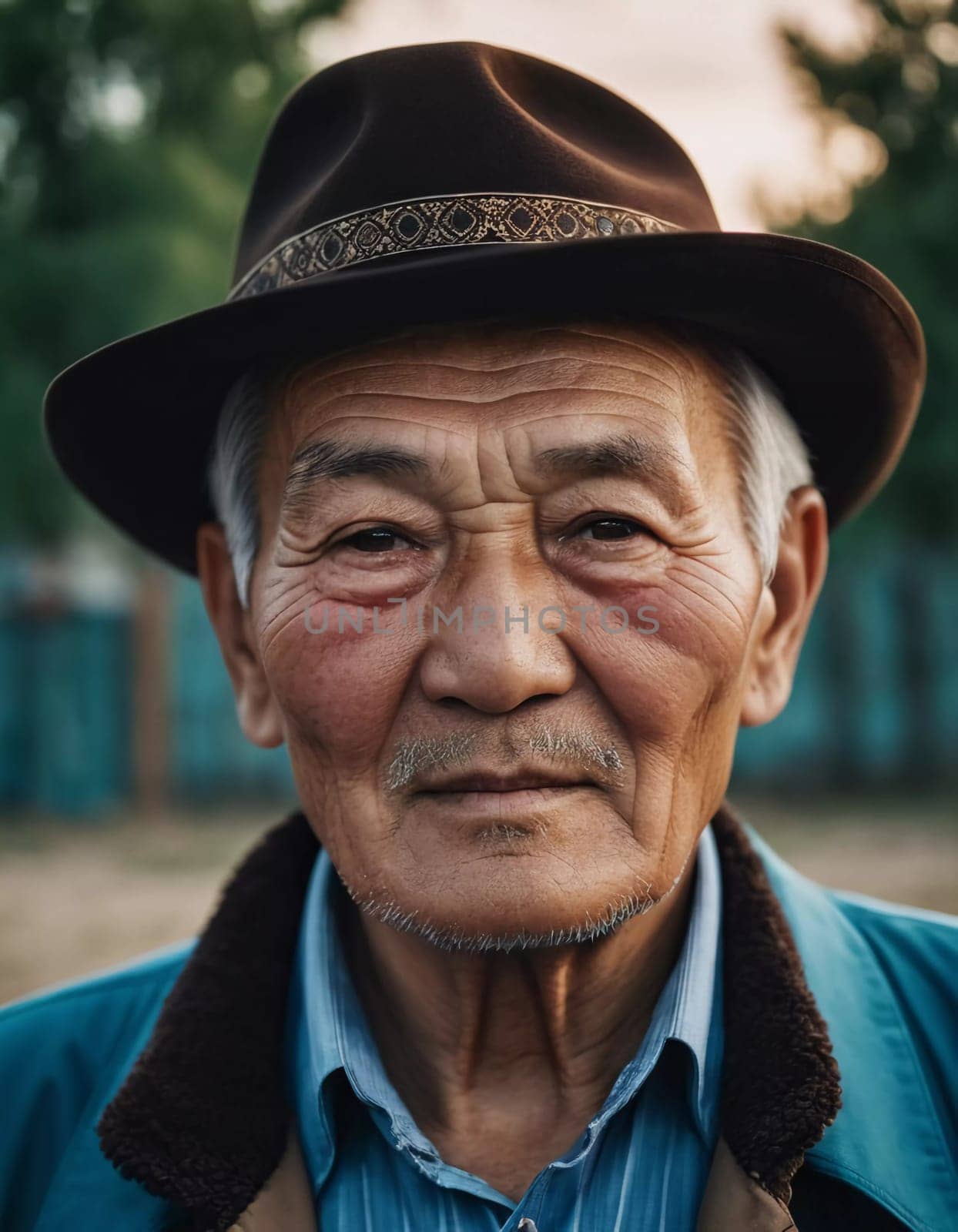 An older gentleman 75 years old gazes warmly at the camera, showcasing the lines of a life well-lived. He is dressed in a cap and coat, set against a blurred background during the day. Generative AI.