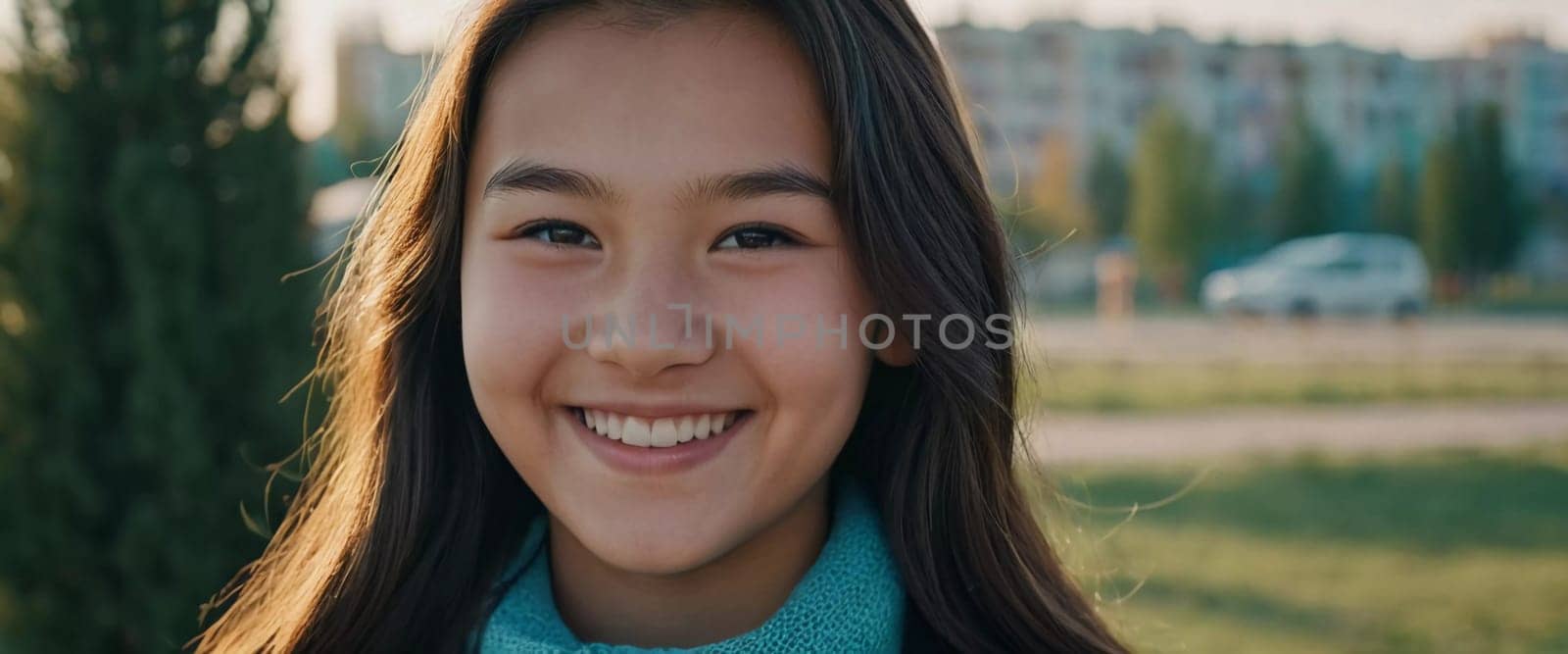 A cheerful young girl with long hair is smiling warmly, showcasing her happiness. Portrait of a pretty cheerful brunette girl, 15 years old, resident of Kazakhstan. Generative AI.