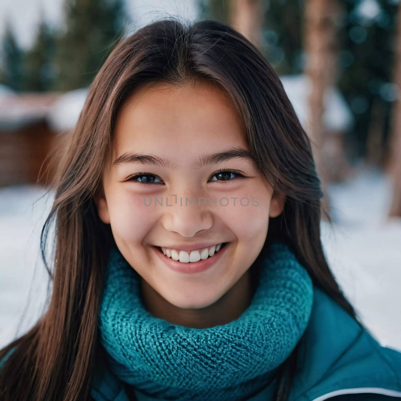 A cheerful young girl with long hair is smiling warmly, showcasing her happiness. Portrait of a pretty cheerful brunette girl, 15 years old, resident of Kazakhstan. Generative AI.