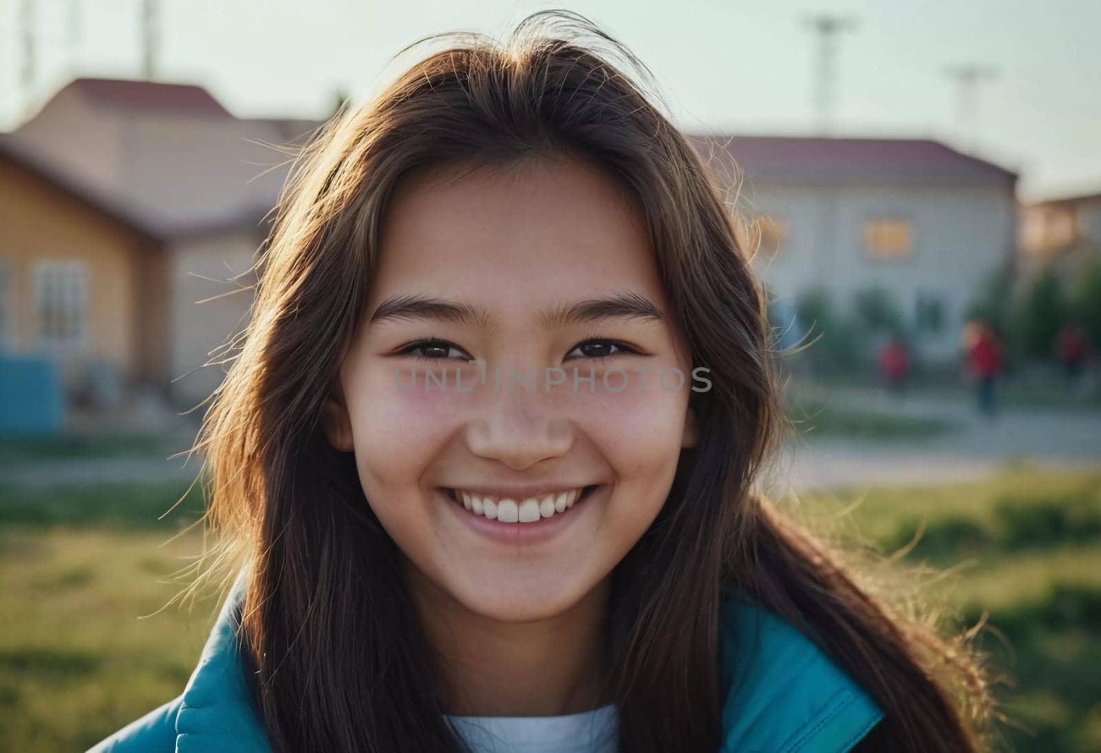A cheerful young girl with long hair is smiling warmly, showcasing her happiness. Portrait of a pretty cheerful brunette girl, 15 years old, resident of Kazakhstan. Generative AI.