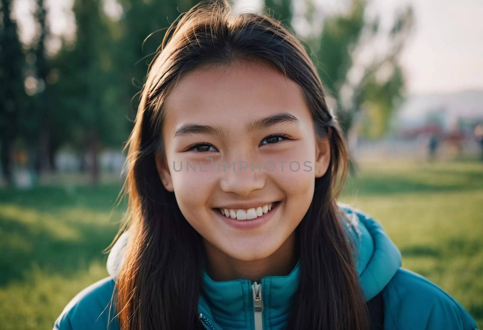 A cheerful young girl with long hair is smiling warmly, showcasing her happiness. Portrait of a pretty cheerful brunette girl, 15 years old, resident of Kazakhstan. Generative AI.