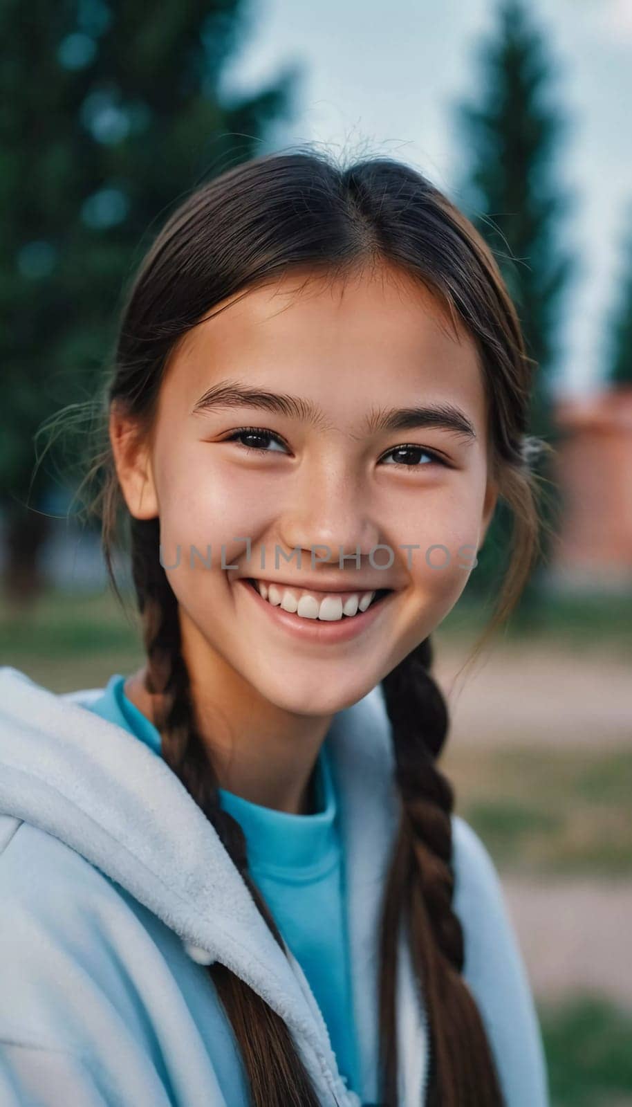 A cheerful young girl with long hair is smiling warmly, showcasing her happiness. Portrait of a pretty cheerful brunette girl, 15 years old, resident of Kazakhstan. Generative AI.