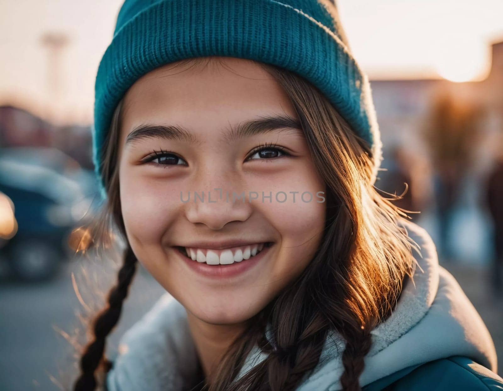 A cheerful young girl with long hair is smiling warmly, showcasing her happiness. Portrait of a pretty cheerful brunette girl, 15 years old, resident of Kazakhstan. Generative AI.
