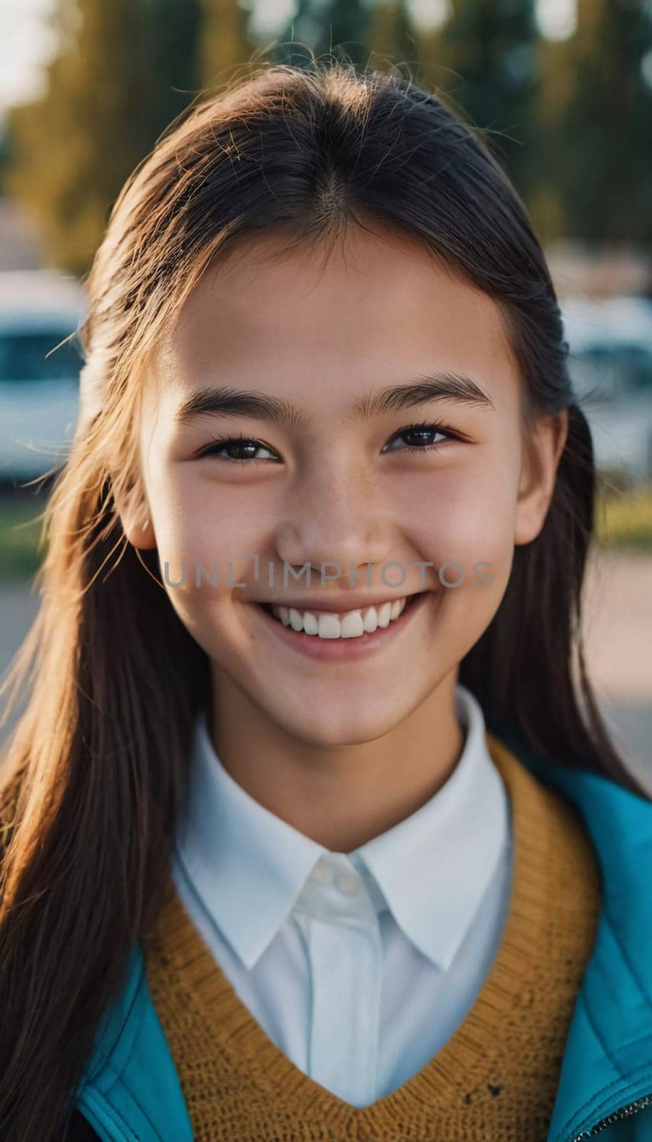 A cheerful young girl with long hair is smiling warmly, showcasing her happiness. Portrait of a pretty cheerful brunette girl, 15 years old, resident of Kazakhstan. Generative AI.