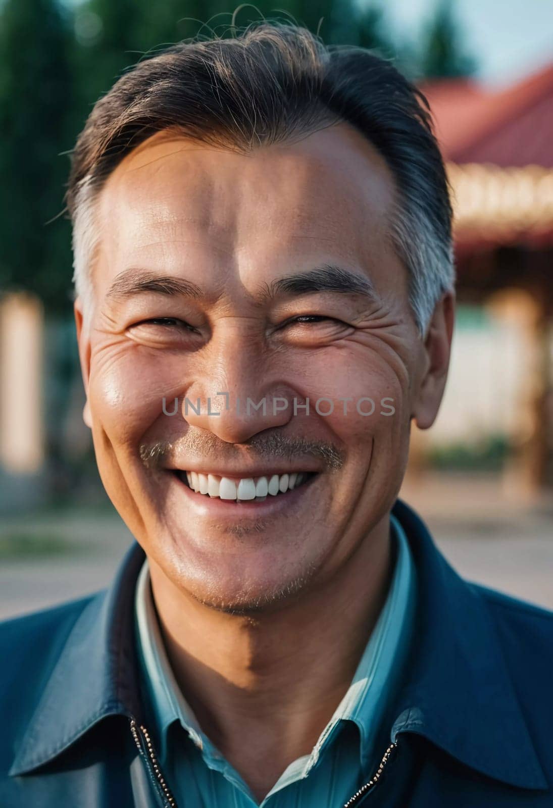 A man 50 years old with a genuine smile stands outside in a lively area showcasing a friendly demeanor and enjoying the beautiful day among vibrant surroundings. A resident of Kazakhstan. AI generate.