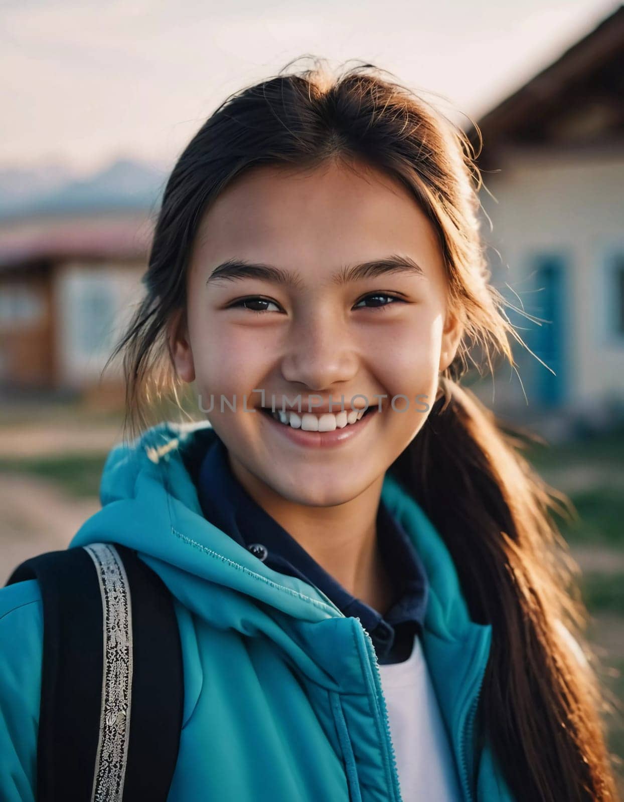 A cheerful young girl with long hair is smiling warmly, showcasing her happiness. Portrait of a pretty cheerful brunette girl, 15 years old, resident of Kazakhstan. Generative AI.