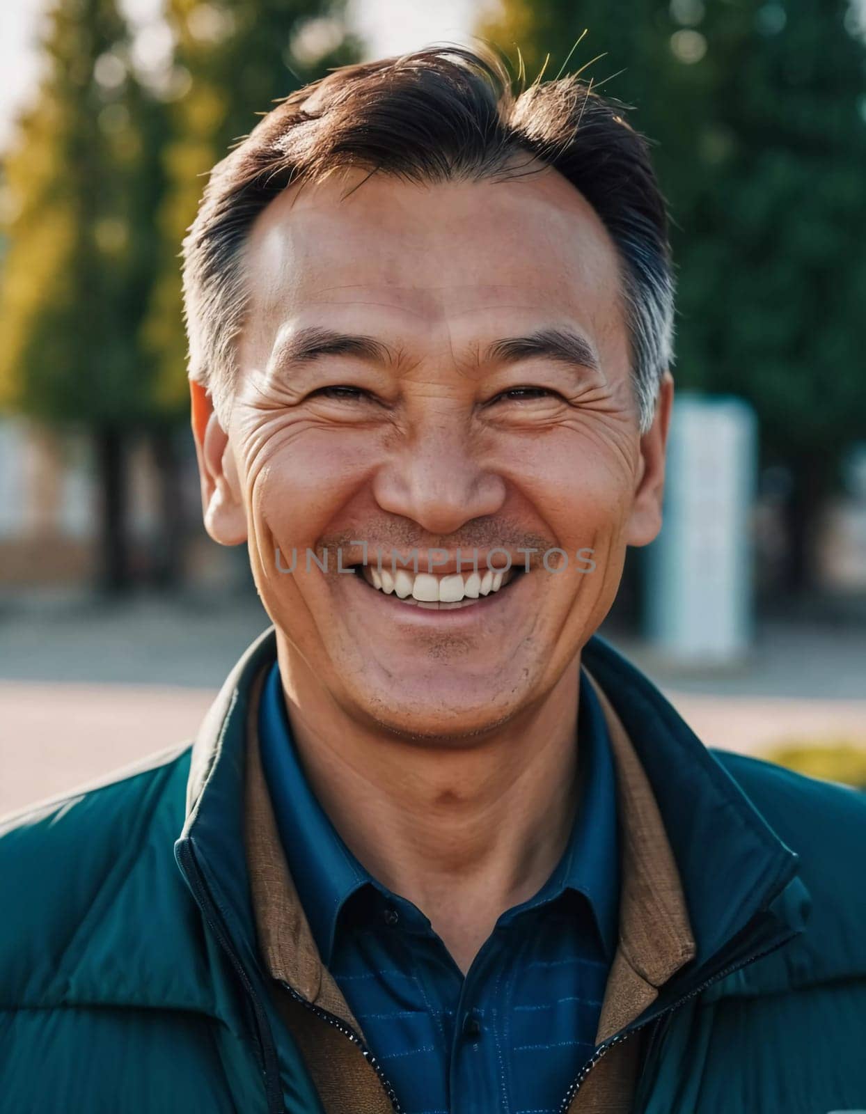 A man 50 years old with a genuine smile stands outside in a lively area showcasing a friendly demeanor and enjoying the beautiful day among vibrant surroundings. A resident of Kazakhstan. AI generate.