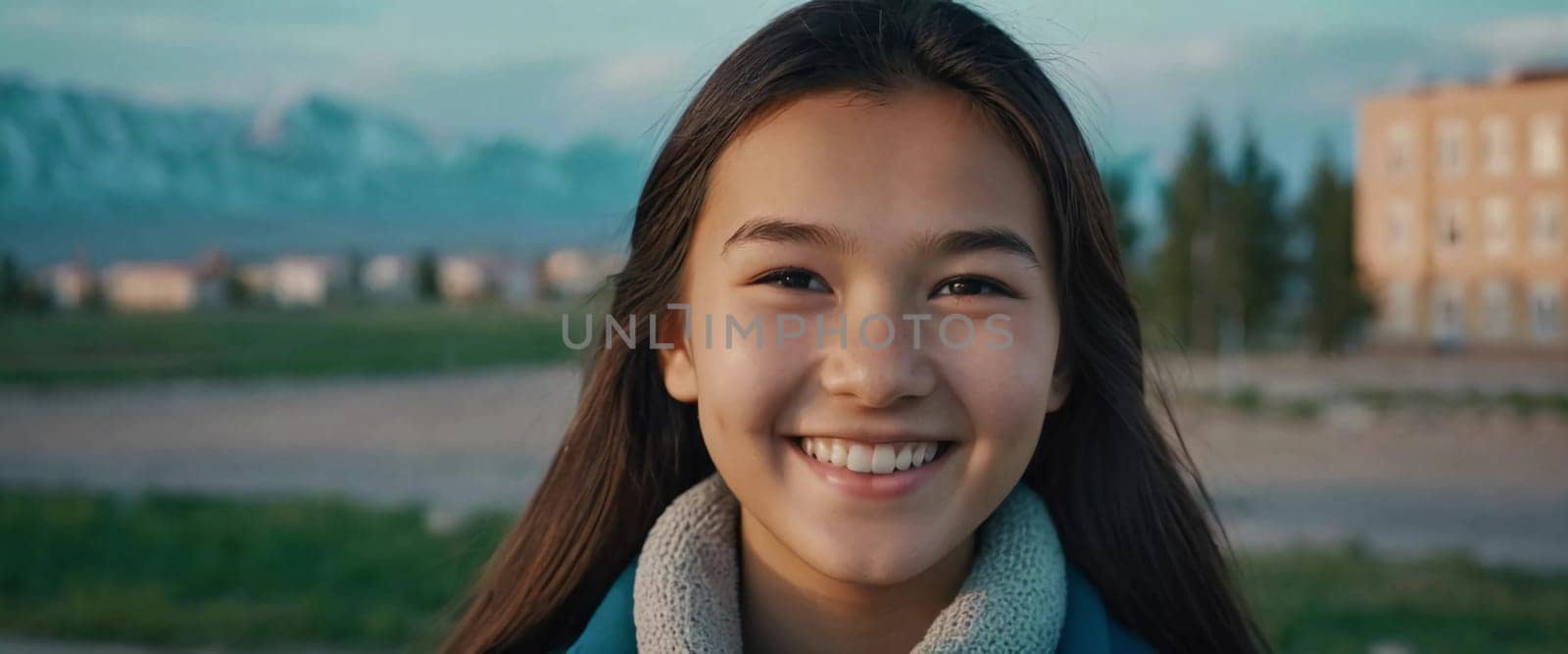A cheerful young girl with long hair is smiling warmly, showcasing her happiness. Portrait of a pretty cheerful brunette girl, 15 years old, resident of Kazakhstan. Generative AI.