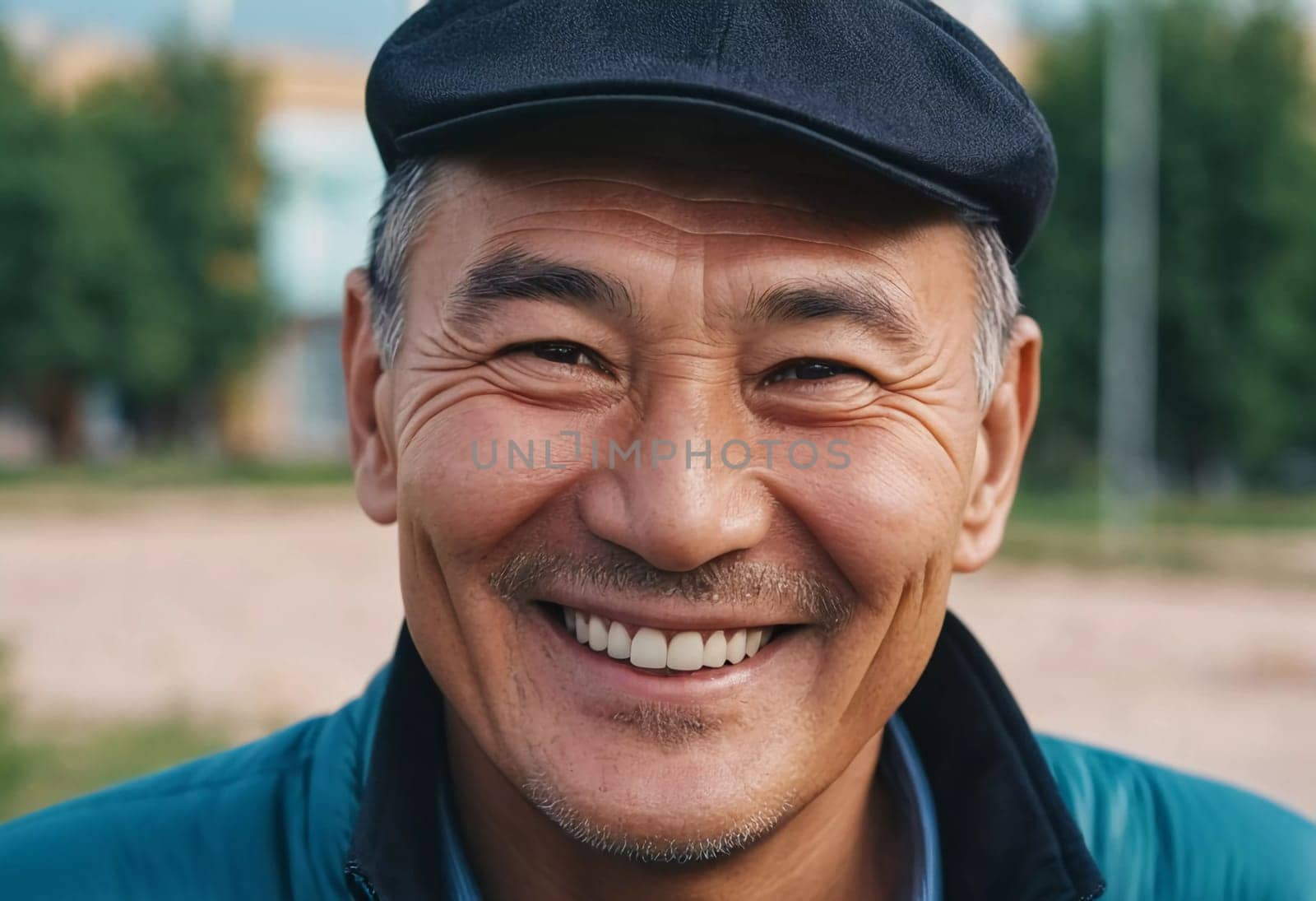 A man 50 years old with a genuine smile stands outside in a lively area showcasing a friendly demeanor and enjoying the beautiful day among vibrant surroundings. A resident of Kazakhstan. AI generate.