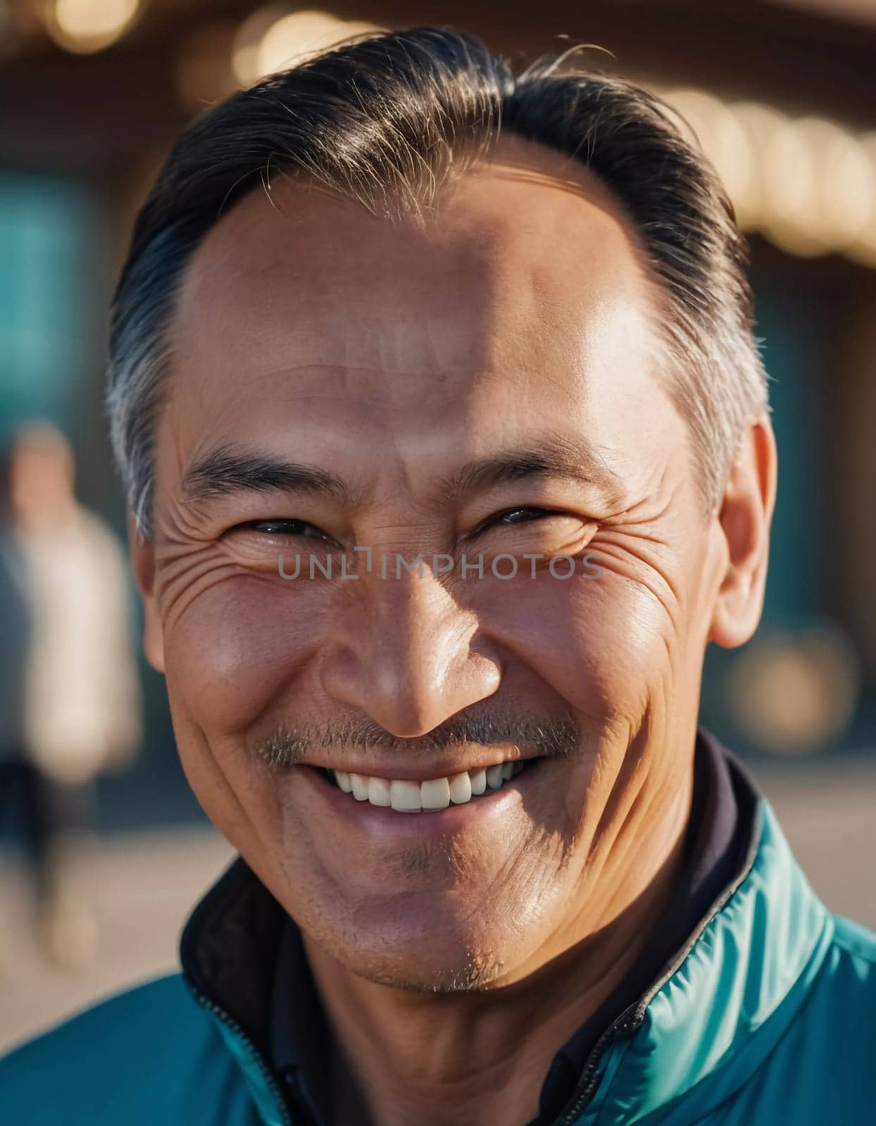 A man 50 years old with a genuine smile stands outside in a lively area showcasing a friendly demeanor and enjoying the beautiful day among vibrant surroundings. A resident of Kazakhstan. AI generate.