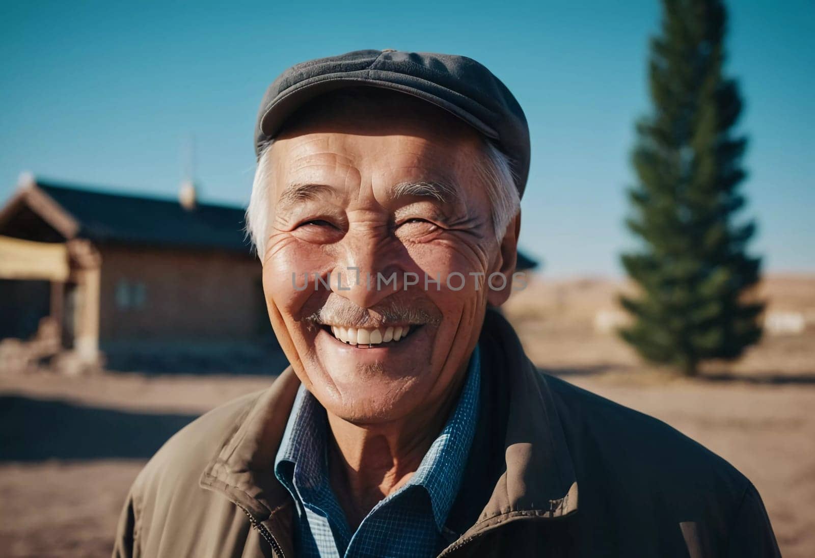 An elderly man wearing a light jacket and blue shirt smiles brightly, displaying happiness and contentment in a natural outdoor environment during the day. A resident of Kazakhstan. AI generated