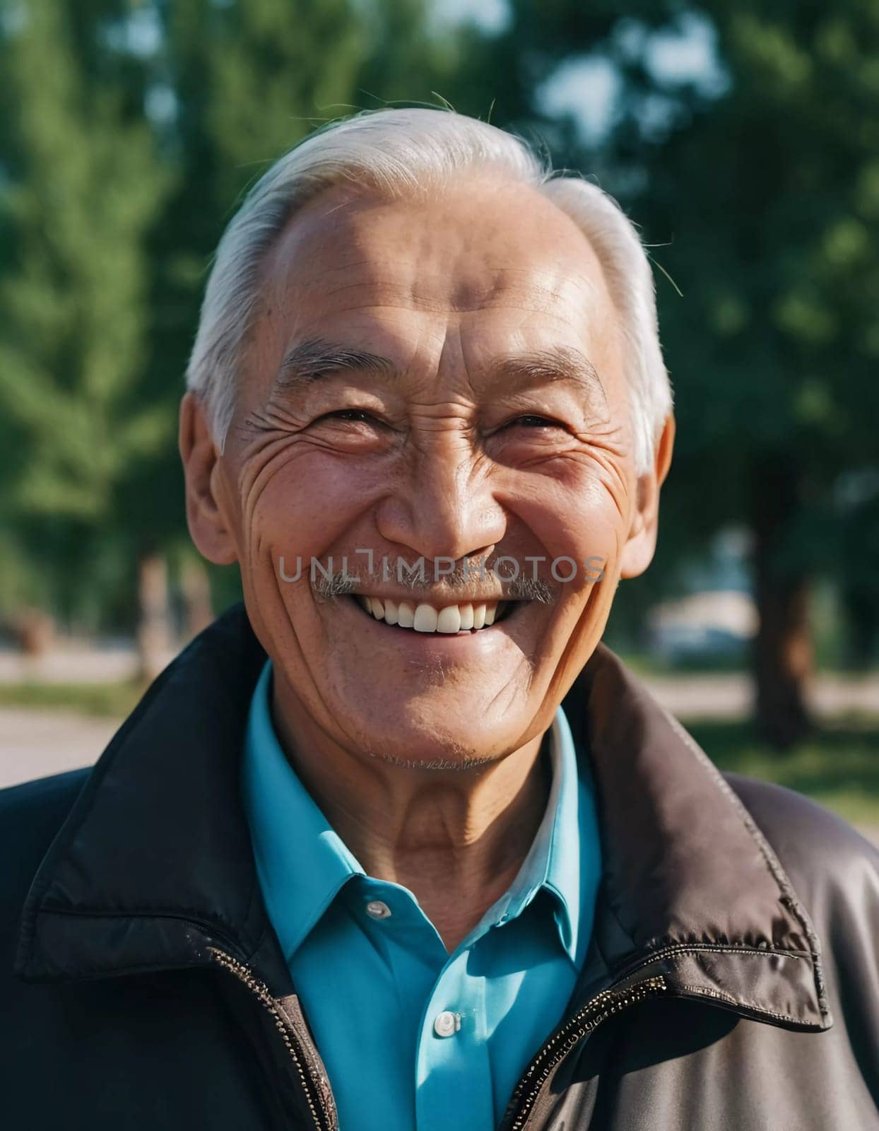 An elderly man wearing a light jacket and blue shirt smiles brightly, displaying happiness and contentment in a natural outdoor environment during the day. A resident of Kazakhstan. AI generated