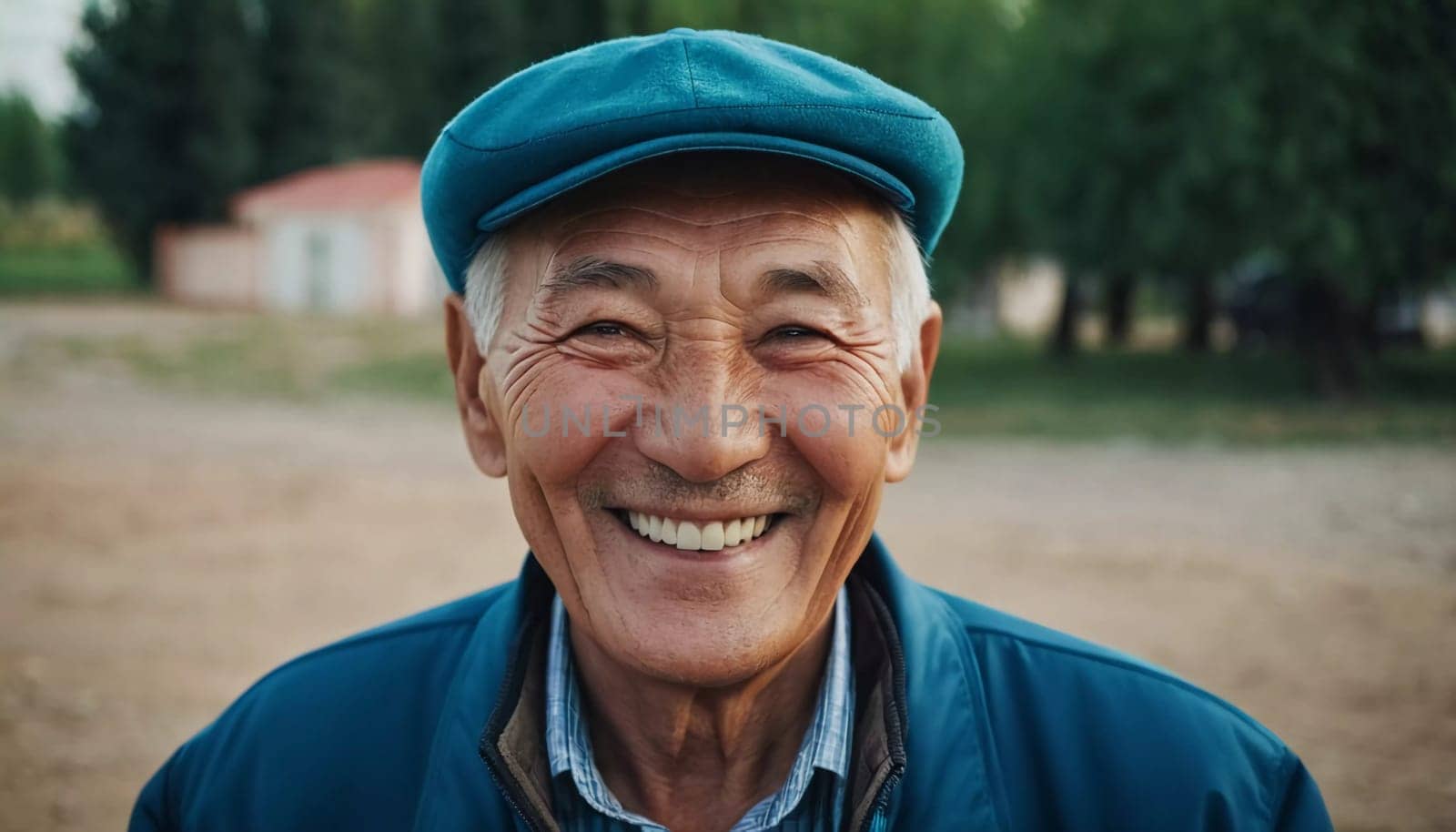 An elderly man wearing a light jacket and blue shirt smiles brightly, displaying happiness and contentment in a natural outdoor environment during the day. A resident of Kazakhstan. AI generated