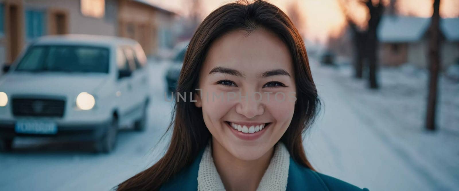 A woman 25 years old expresses her happiness with a bright smile while standing outdoors in a lively urban setting basking in the warm sunlight of the afternoon. A resident of Kazakhstan. AI generated