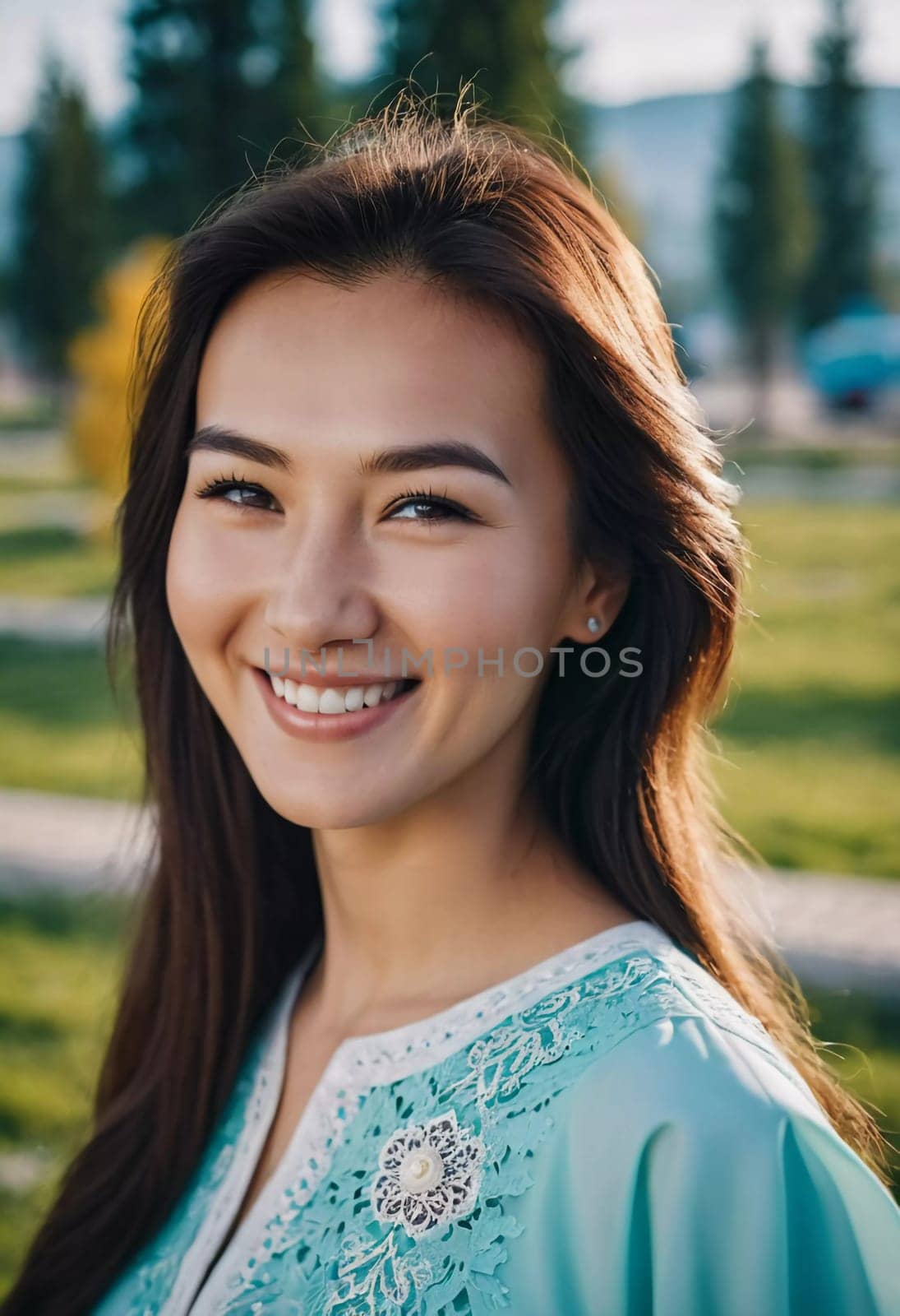A woman 25 years old expresses her happiness with a bright smile while standing outdoors in a lively urban setting basking in the warm sunlight of the afternoon. A resident of Kazakhstan. AI generated