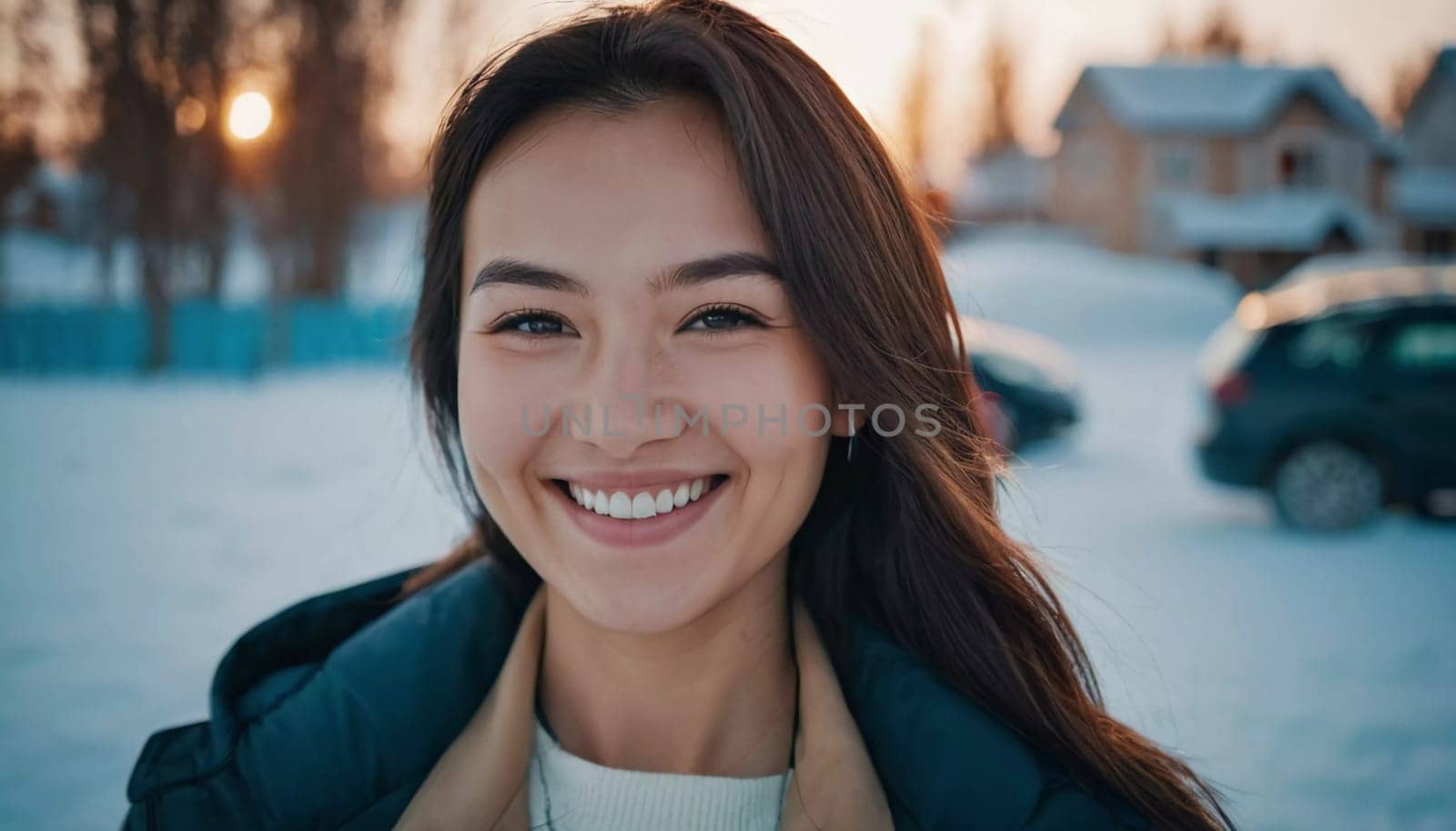 A woman 25 years old expresses her happiness with a bright smile while standing outdoors in a lively urban setting basking in the warm sunlight of the afternoon. A resident of Kazakhstan. AI generated