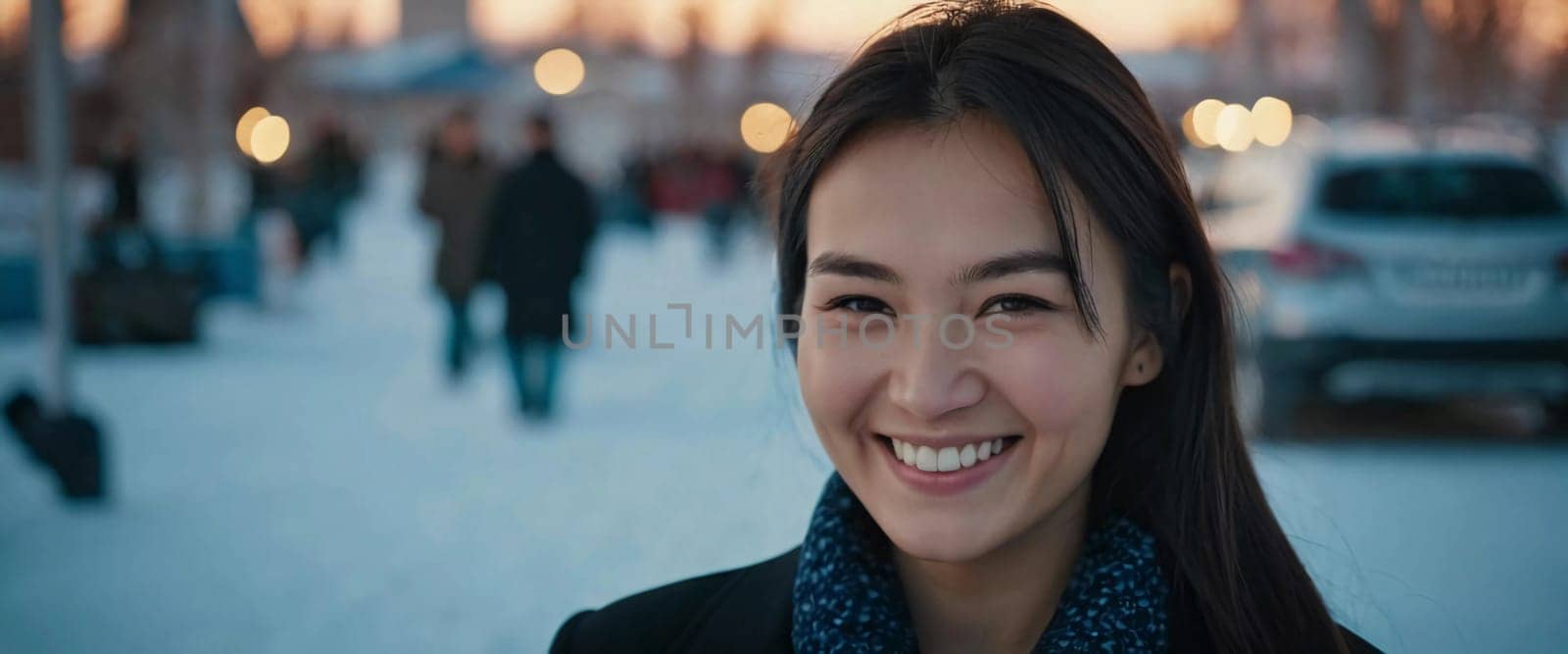 A woman 25 years old expresses her happiness with a bright smile while standing outdoors in a lively urban setting basking in the warm sunlight of the afternoon. A resident of Kazakhstan. AI generated