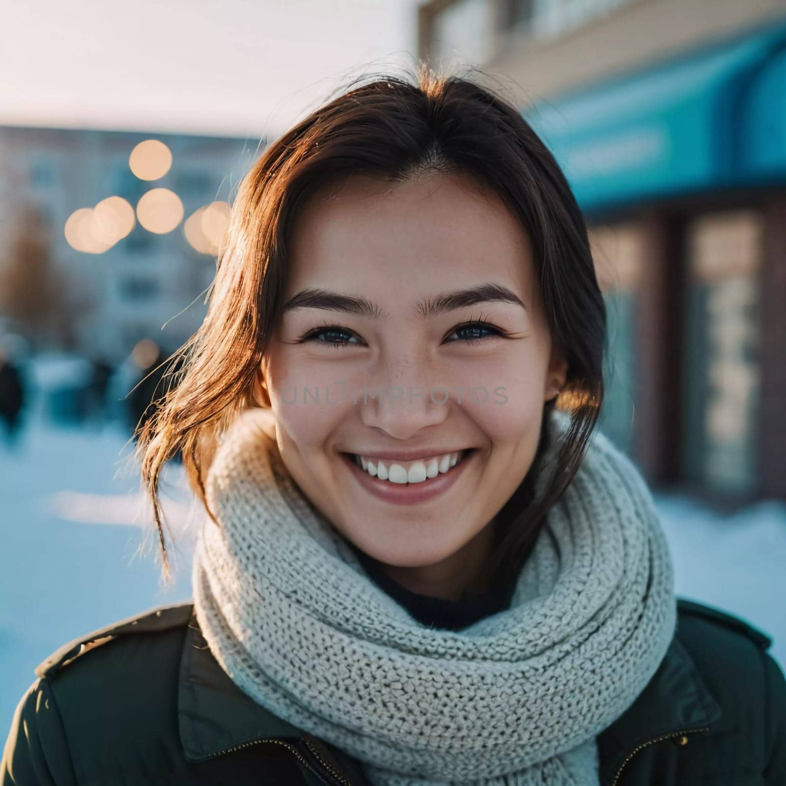 A woman 25 years old expresses her happiness with a bright smile while standing outdoors in a lively urban setting basking in the warm sunlight of the afternoon. A resident of Kazakhstan. AI generated
