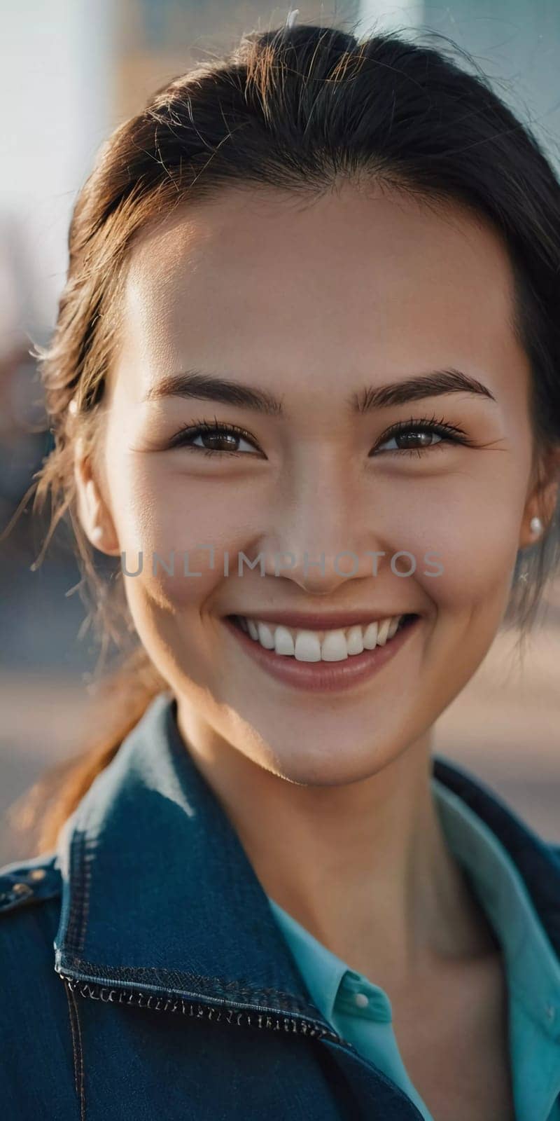 A woman 25 years old expresses her happiness with a bright smile while standing outdoors in a lively urban setting basking in the warm sunlight of the afternoon. A resident of Kazakhstan. AI generated